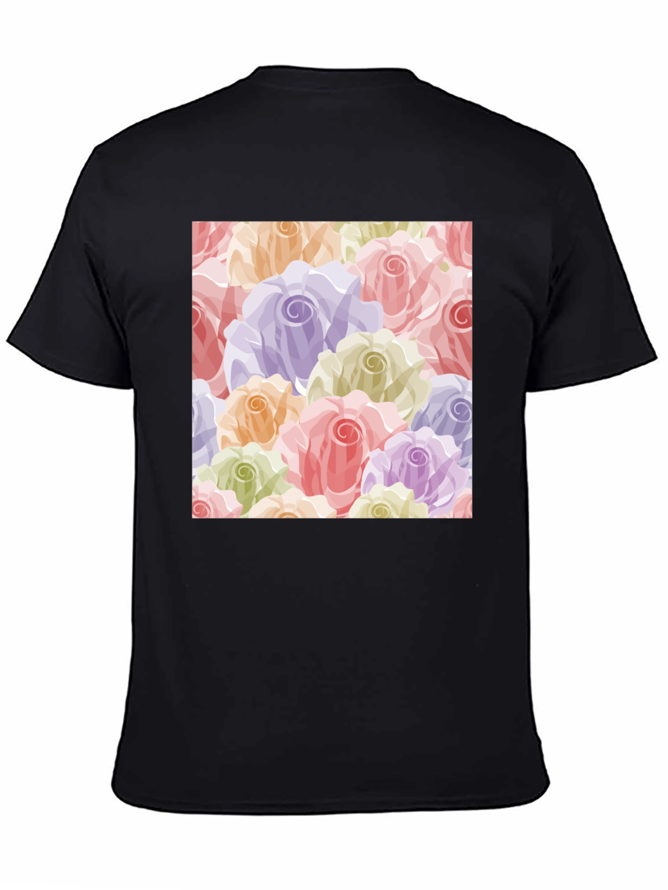 Floral Roses Pattern T-Shirt - Black