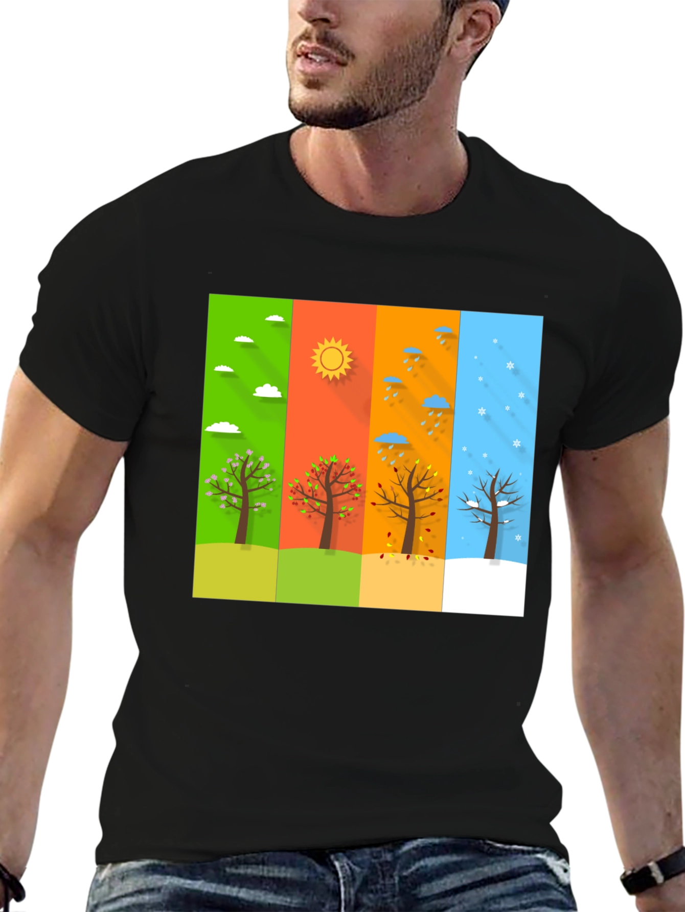 Seasons Tree Graphic Tee - Black Cotton T-Shirt