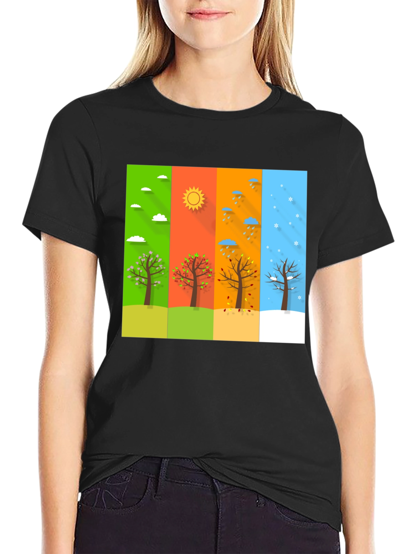 Seasons Tree Graphic Tee - Black Cotton T-Shirt