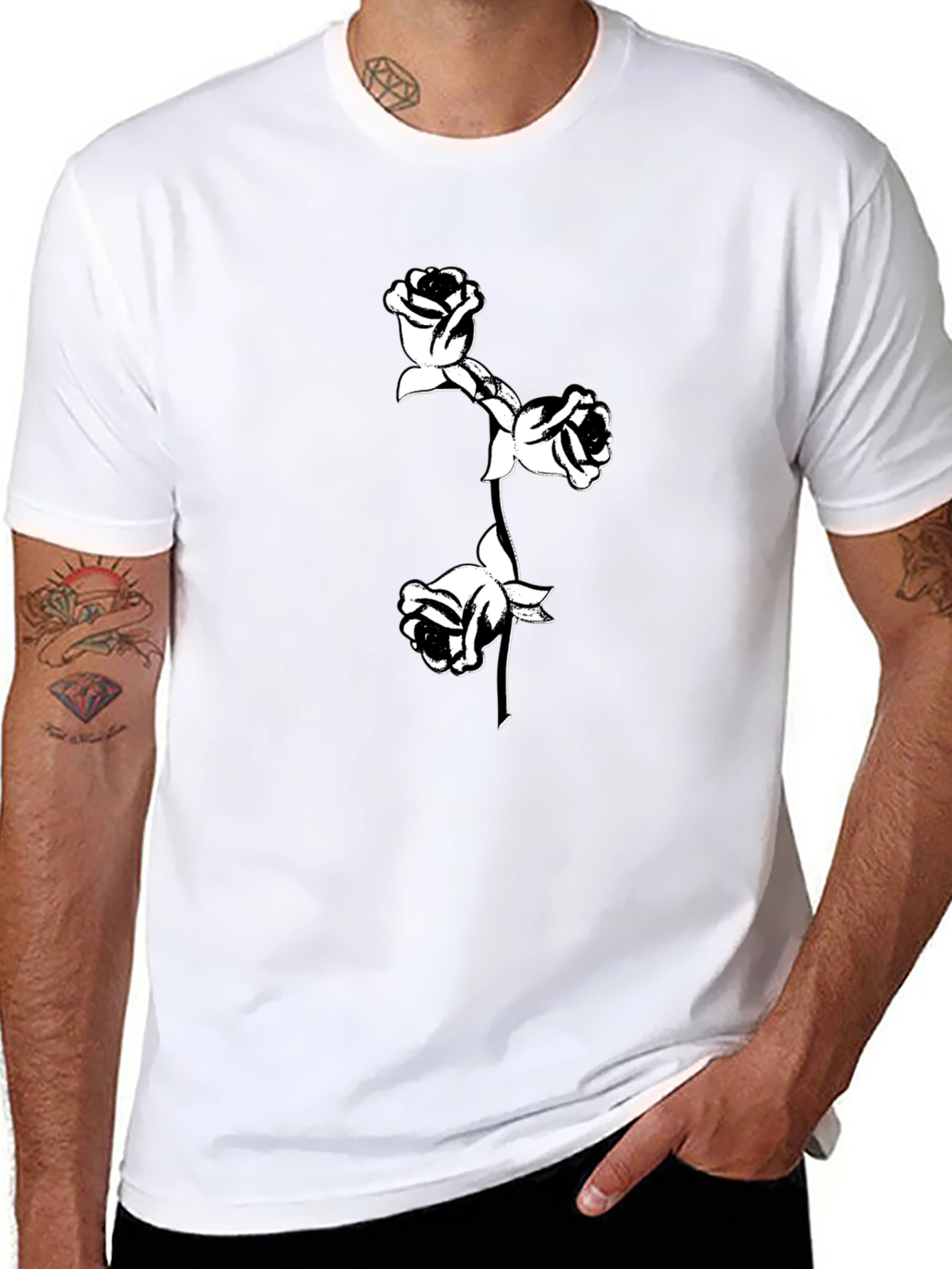 Black T-Shirt with Floral Rose Design