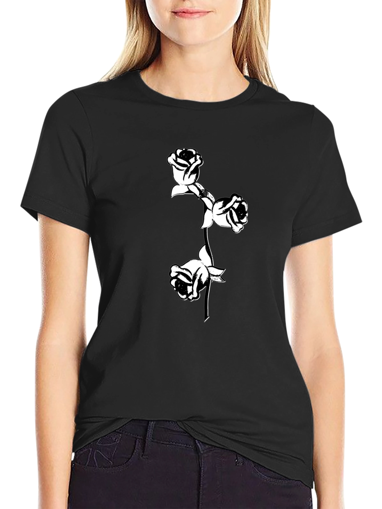 Black T-Shirt with Floral Rose Design