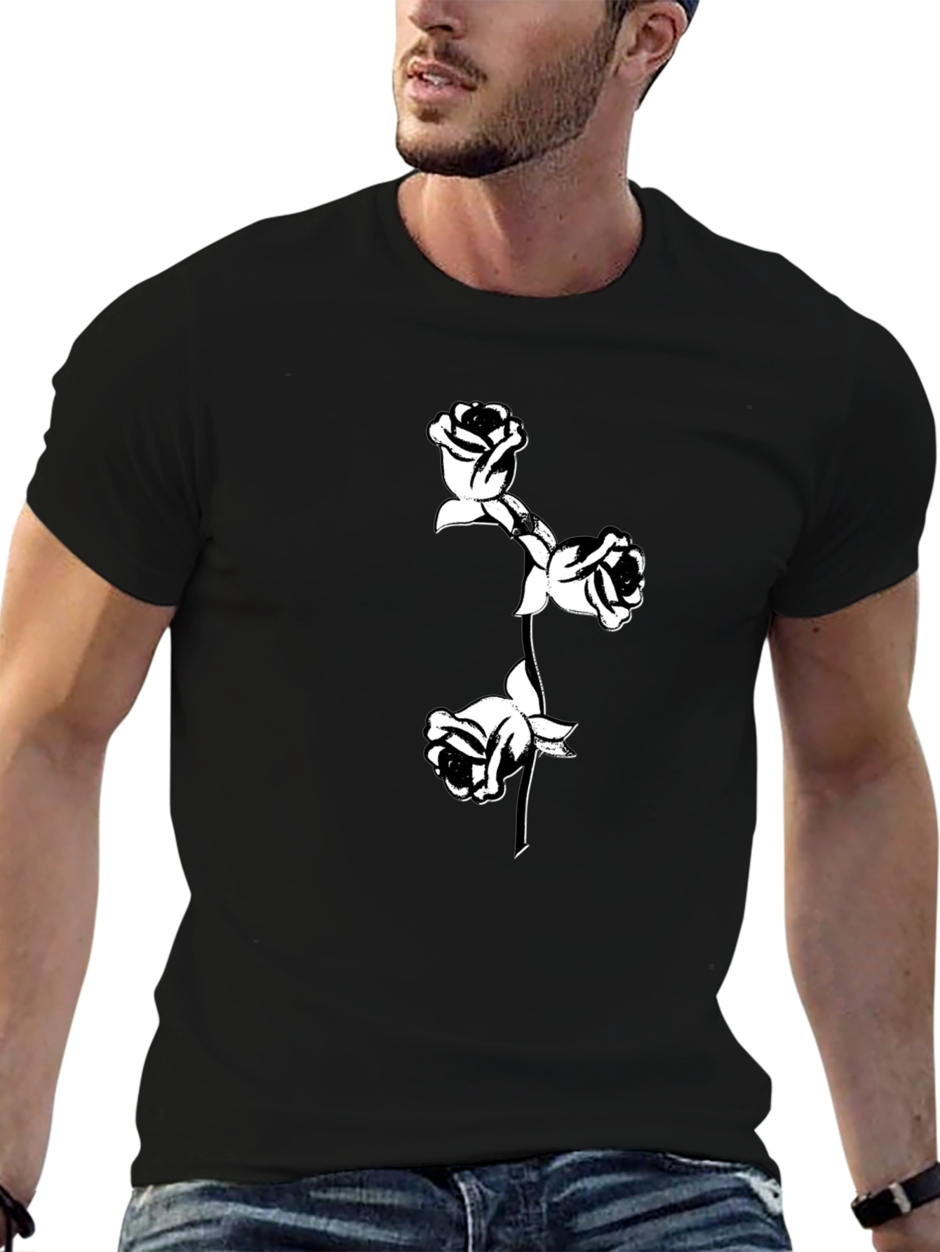Black T-Shirt with Floral Rose Design