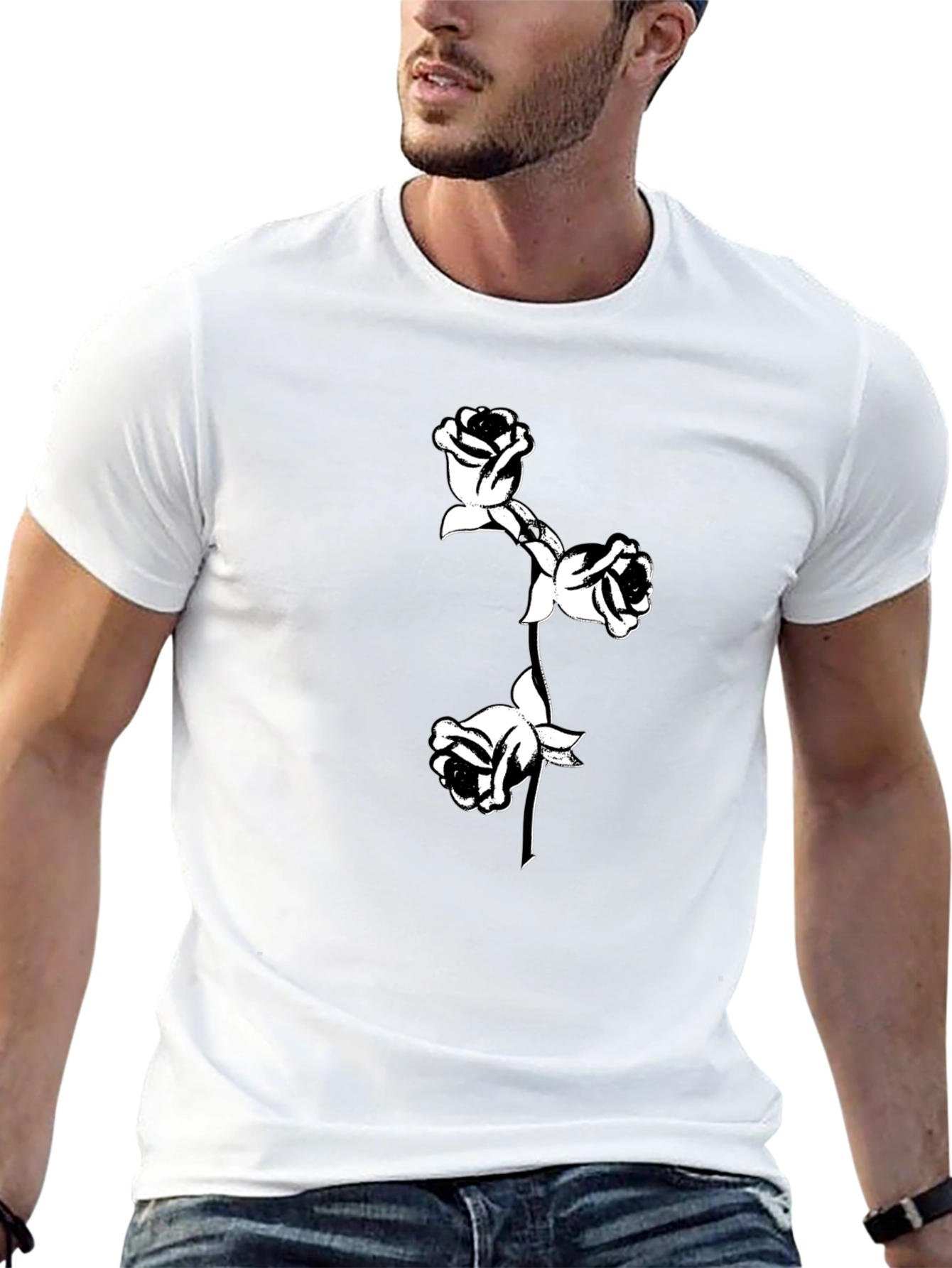 Black T-Shirt with Floral Rose Design