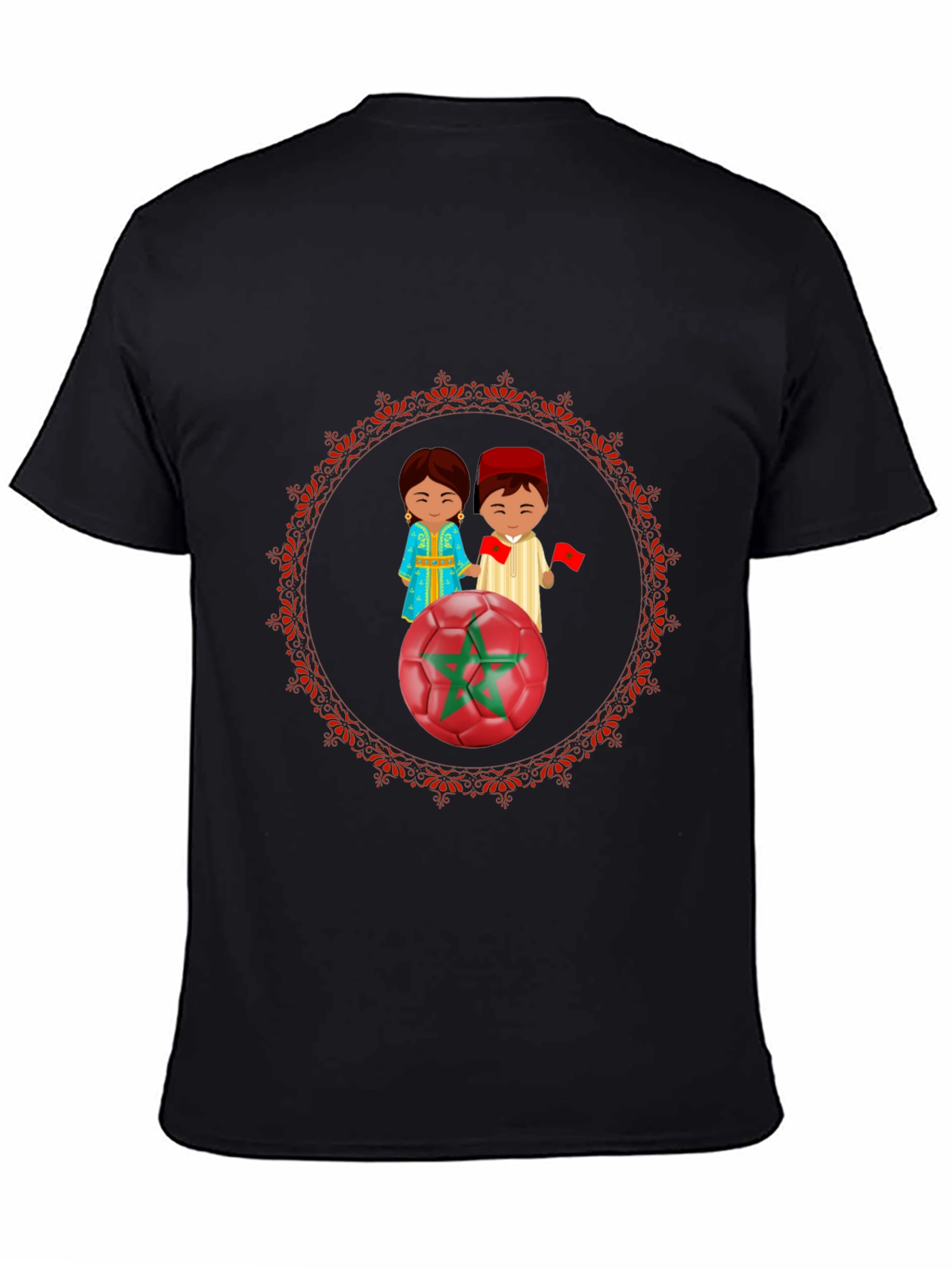 Morocco Soccer T-Shirt: Cartoon Couple & Flag Design