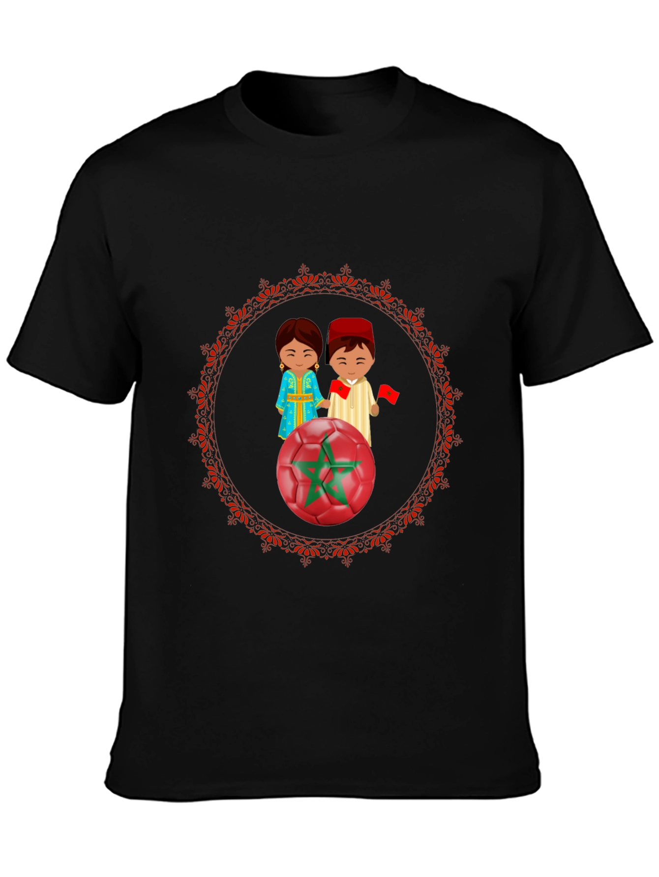 Morocco Soccer T-Shirt: Cartoon Couple & Flag Design