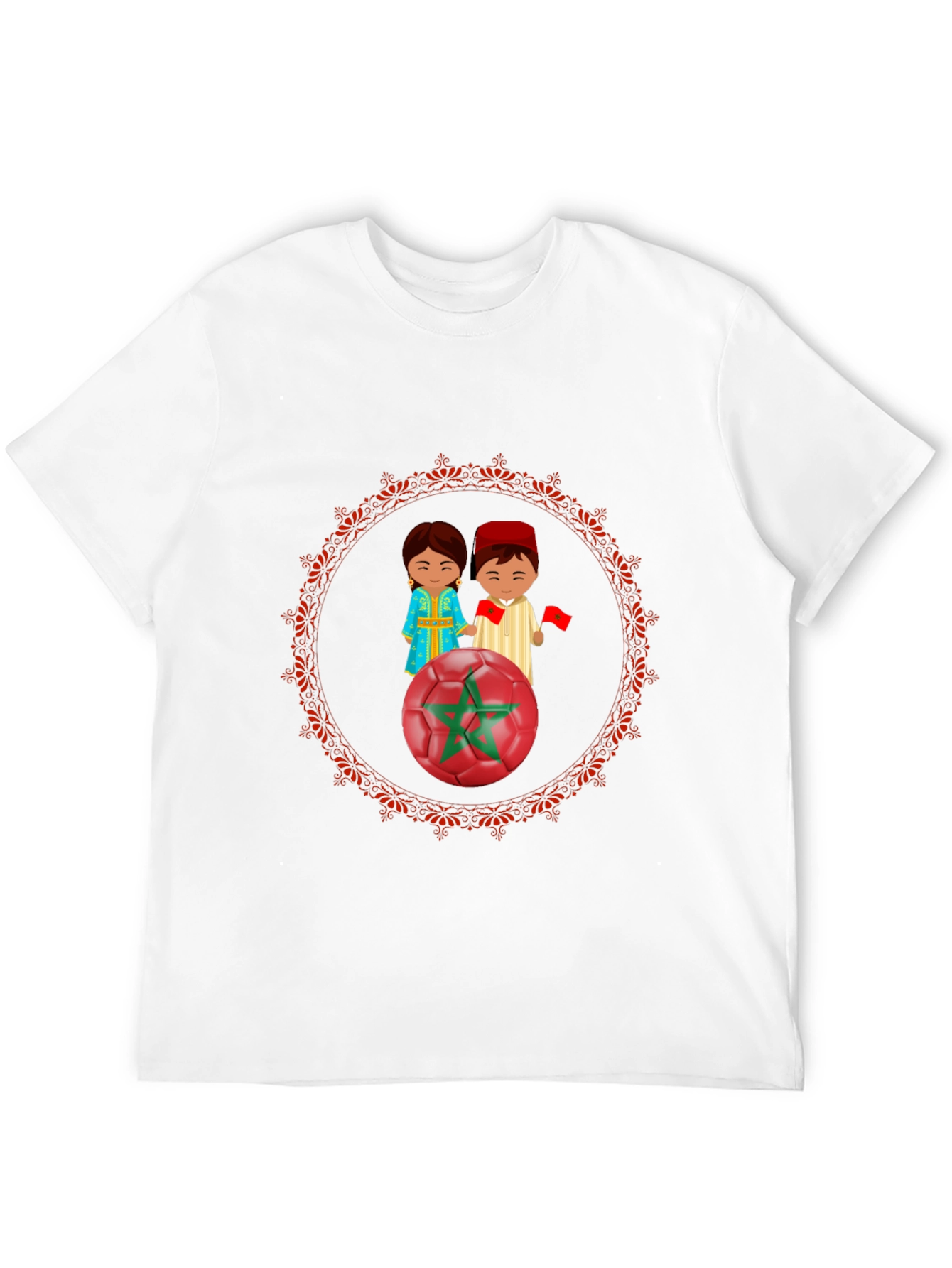 Morocco Soccer T-Shirt: Cartoon Couple & Flag Design