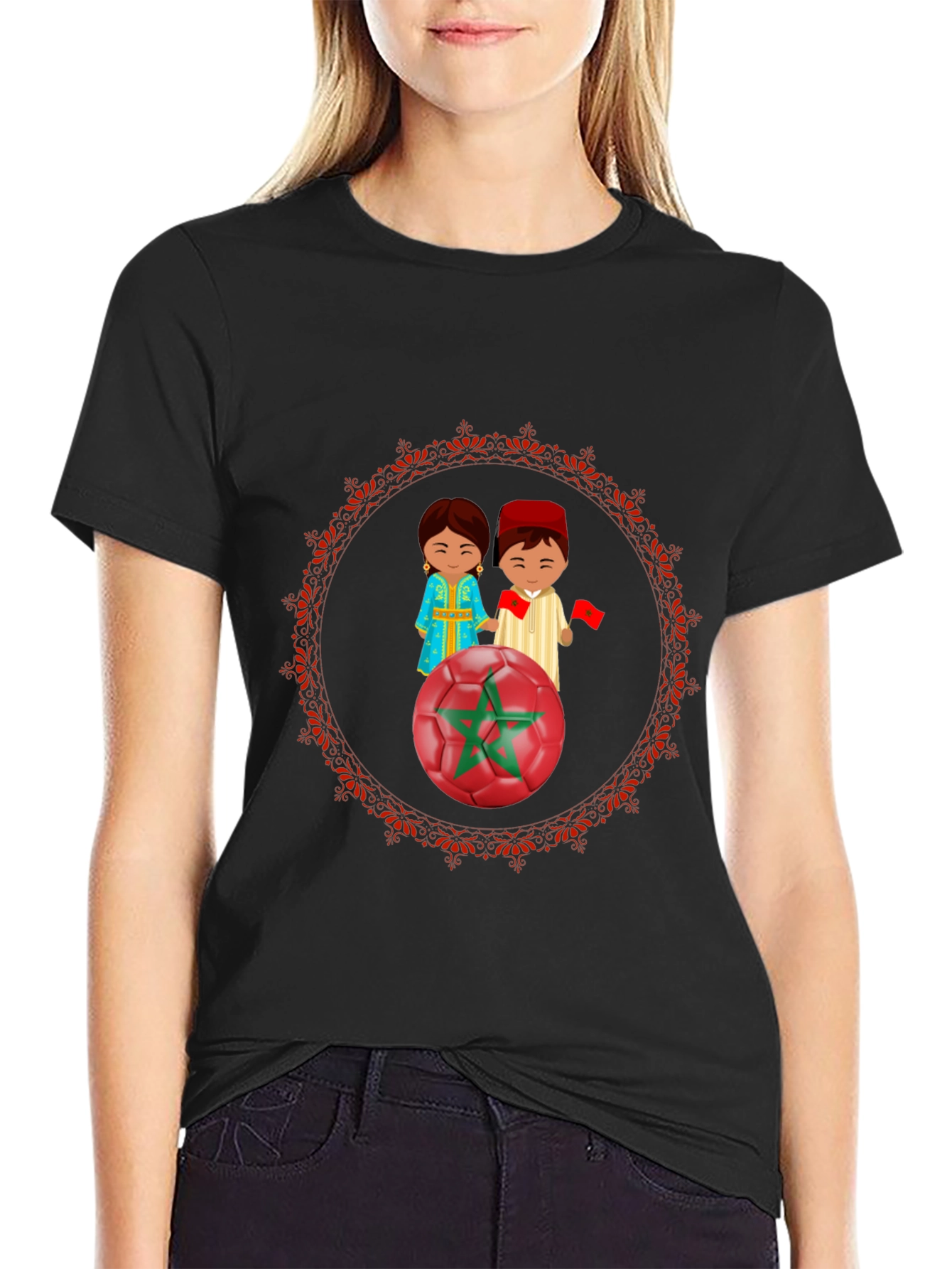 Morocco Soccer T-Shirt: Cartoon Couple & Flag Design