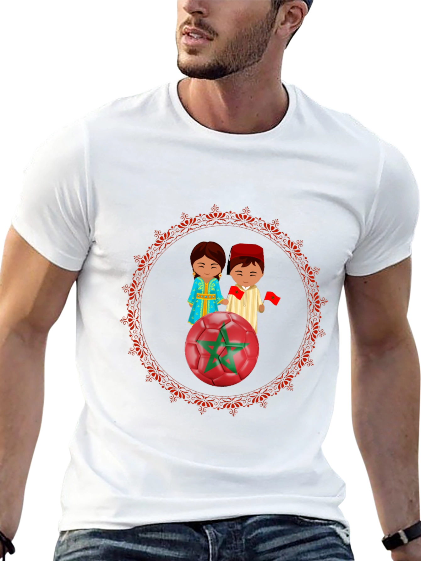 Morocco Soccer T-Shirt: Cartoon Couple & Flag Design