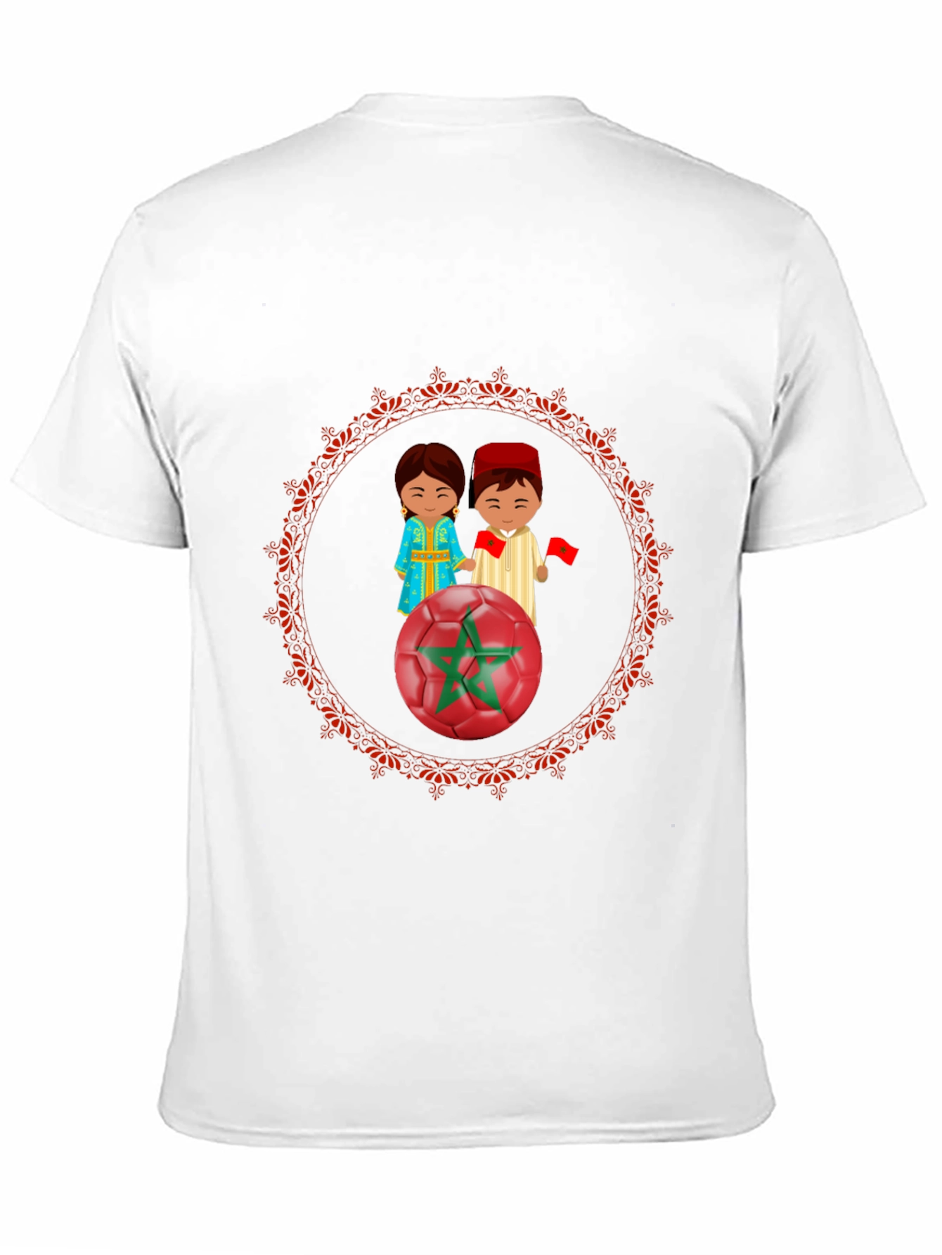Morocco Soccer T-Shirt: Cartoon Couple & Flag Design