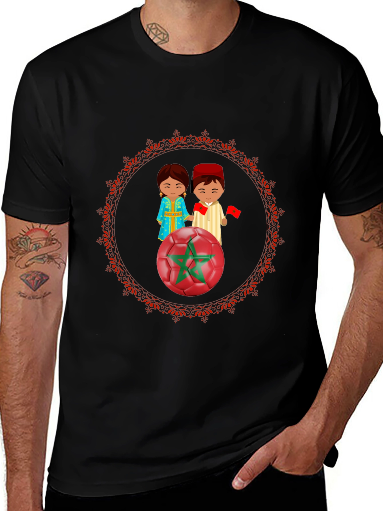 Morocco Soccer T-Shirt: Cartoon Couple & Flag Design