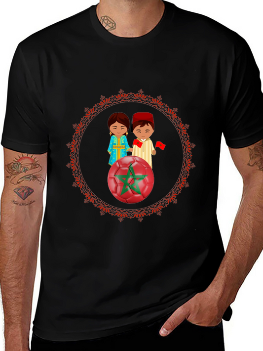 Morocco Soccer T-Shirt: Cartoon Couple & Flag Design