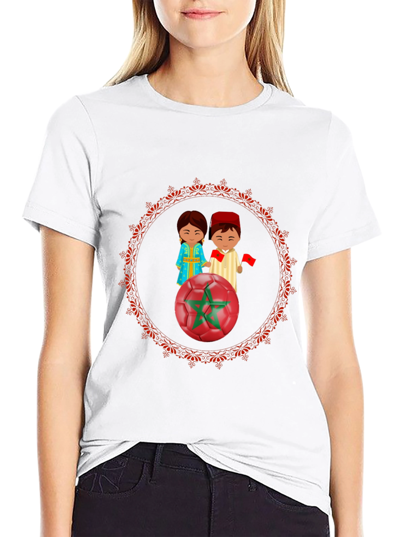 Morocco Soccer T-Shirt: Cartoon Couple & Flag Design
