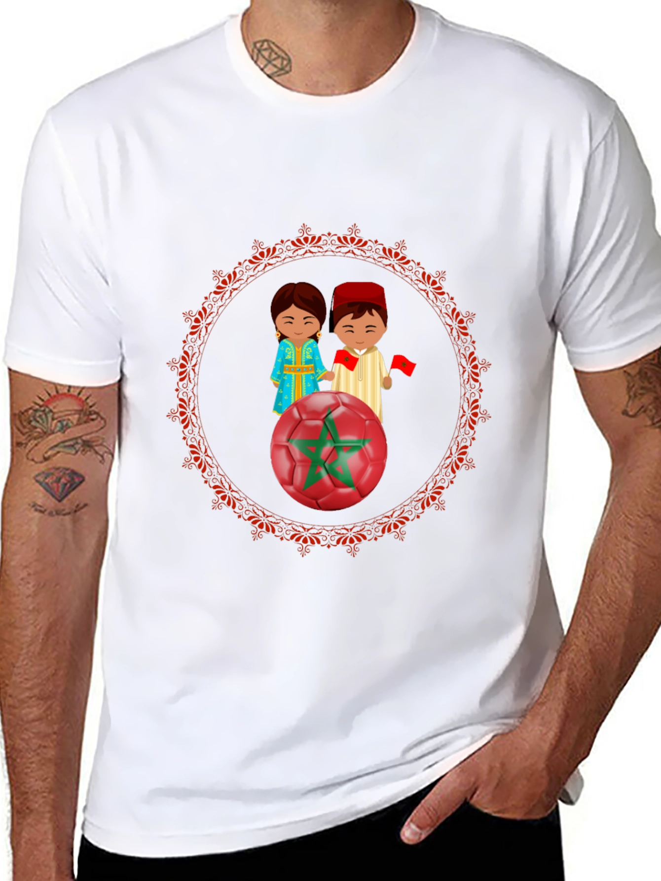 Morocco Soccer T-Shirt: Cartoon Couple & Flag Design