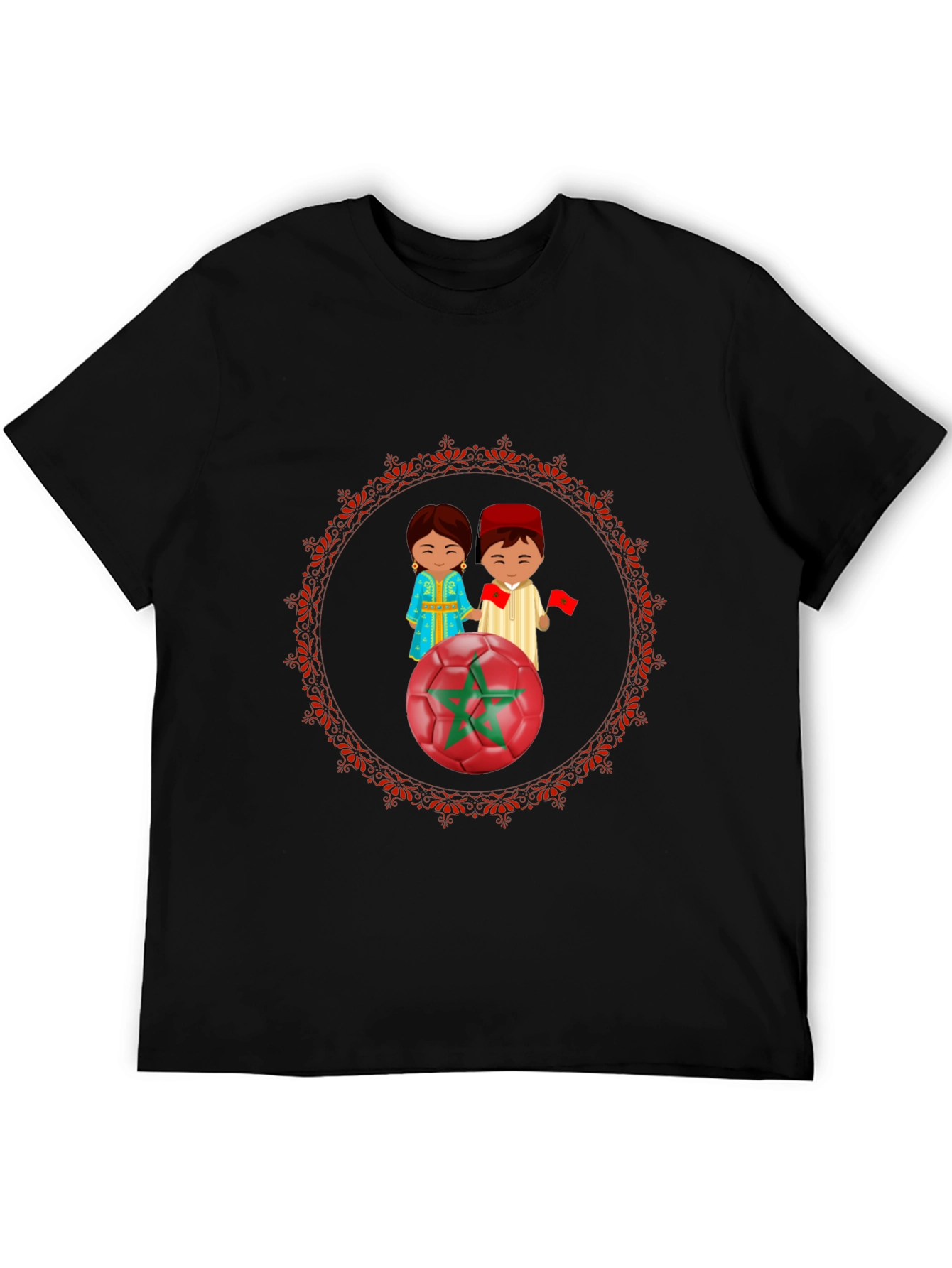 Morocco Soccer T-Shirt: Cartoon Couple & Flag Design