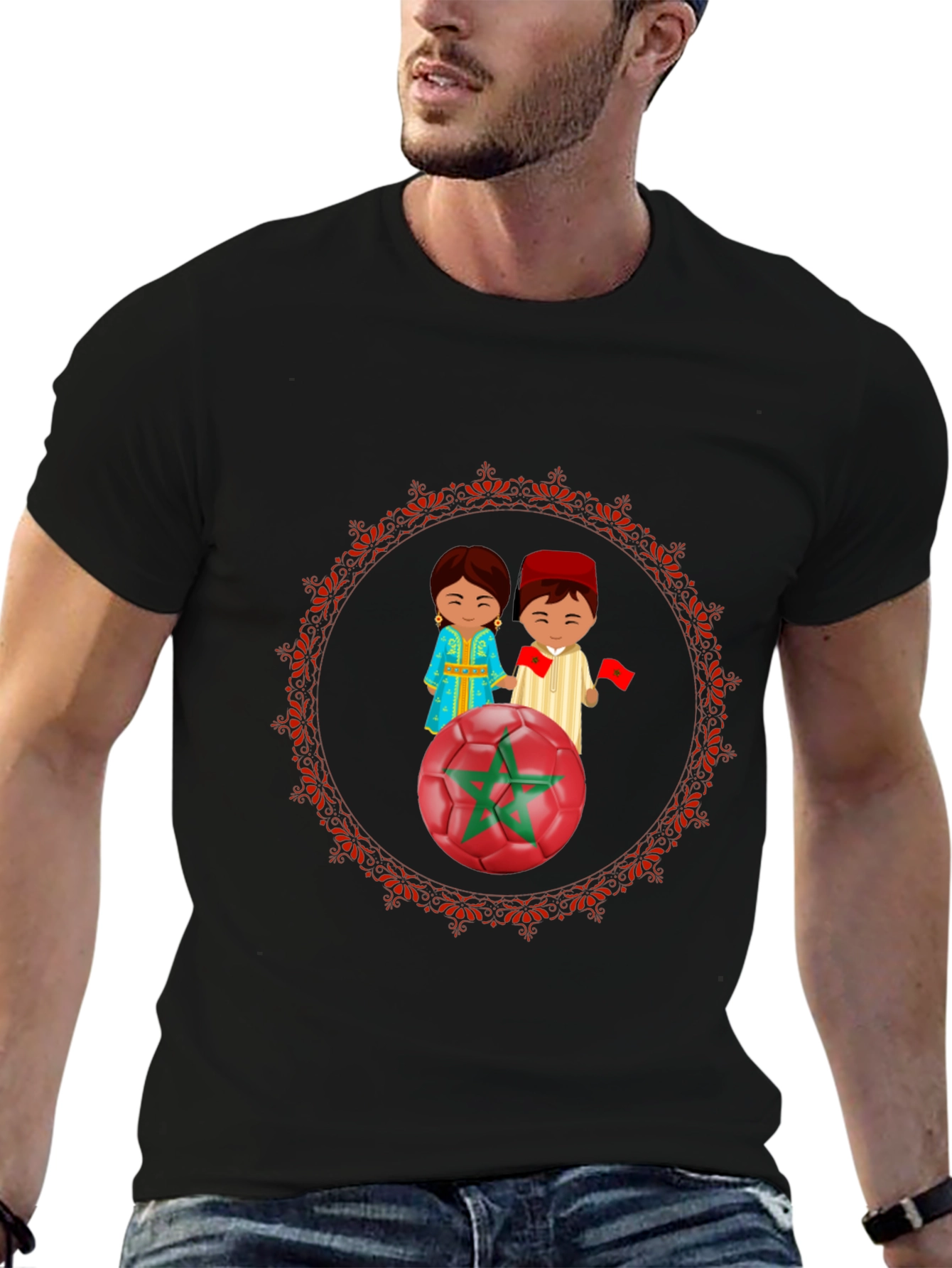 Morocco Soccer T-Shirt: Cartoon Couple & Flag Design