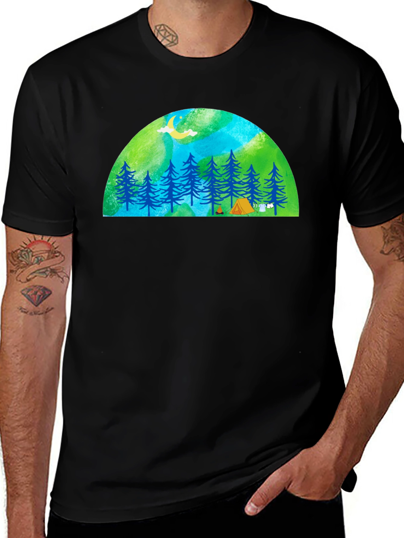 Camping Scene Graphic Tee - Black