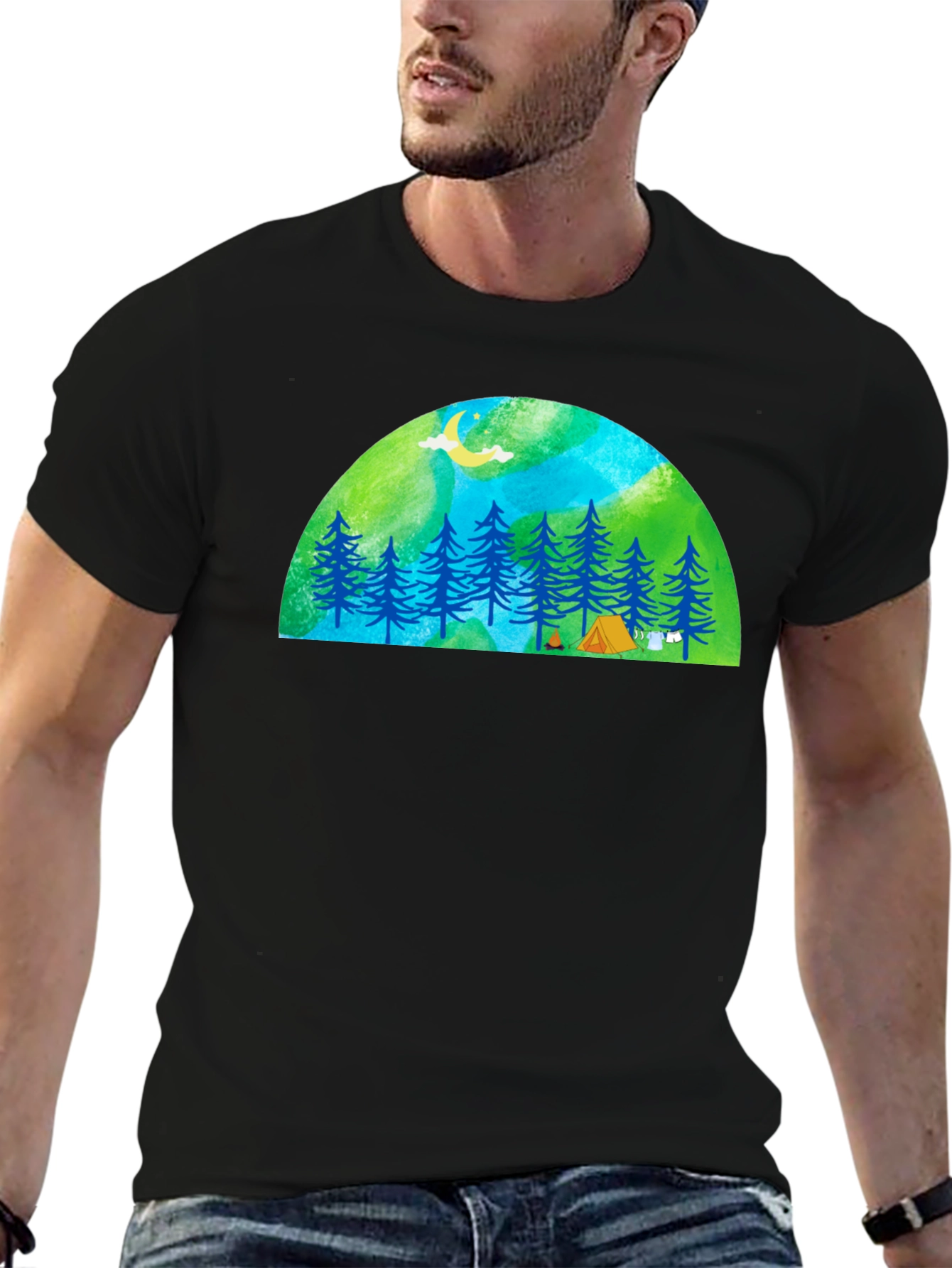 Camping Scene Graphic Tee - Black