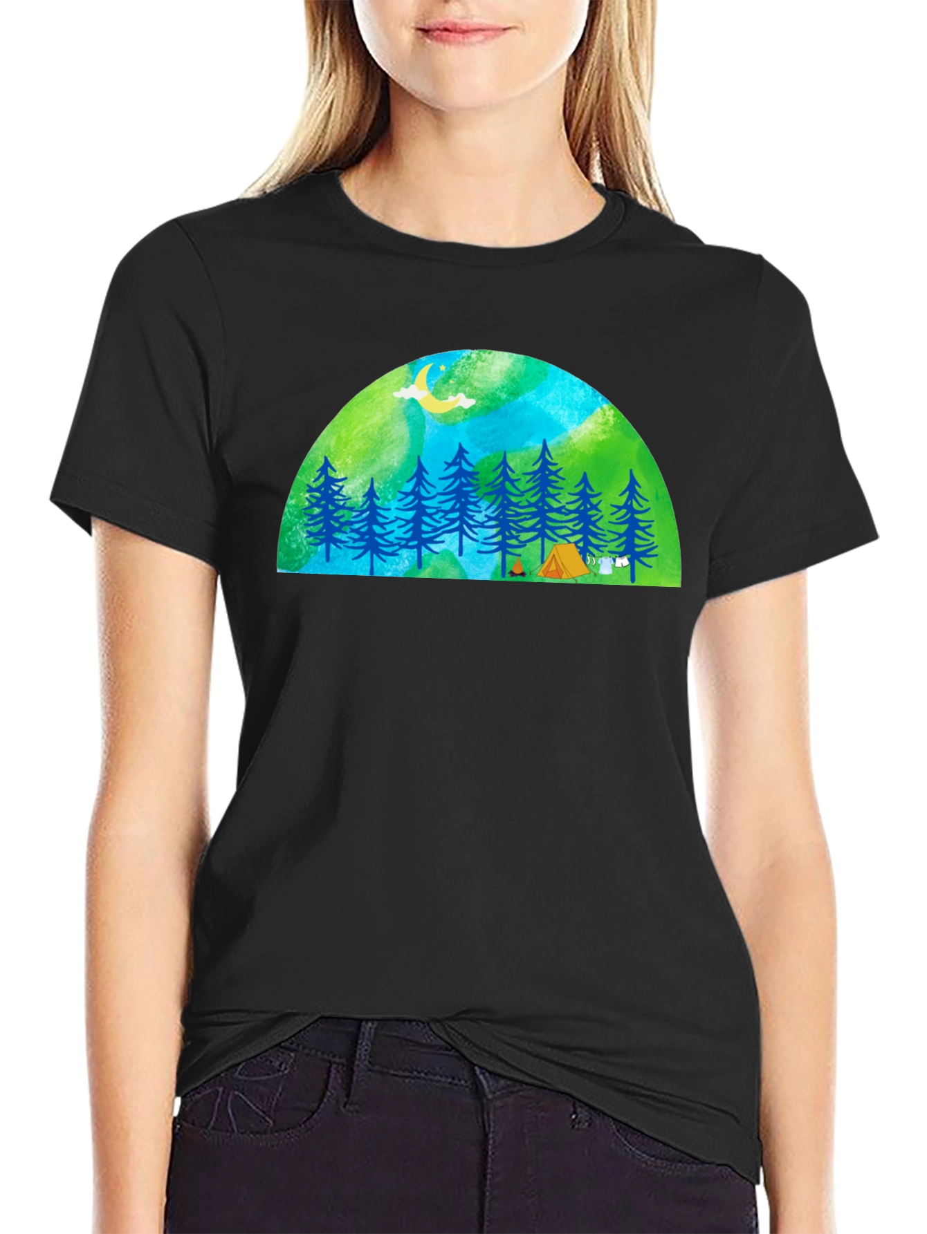 Camping Scene Graphic Tee - Black