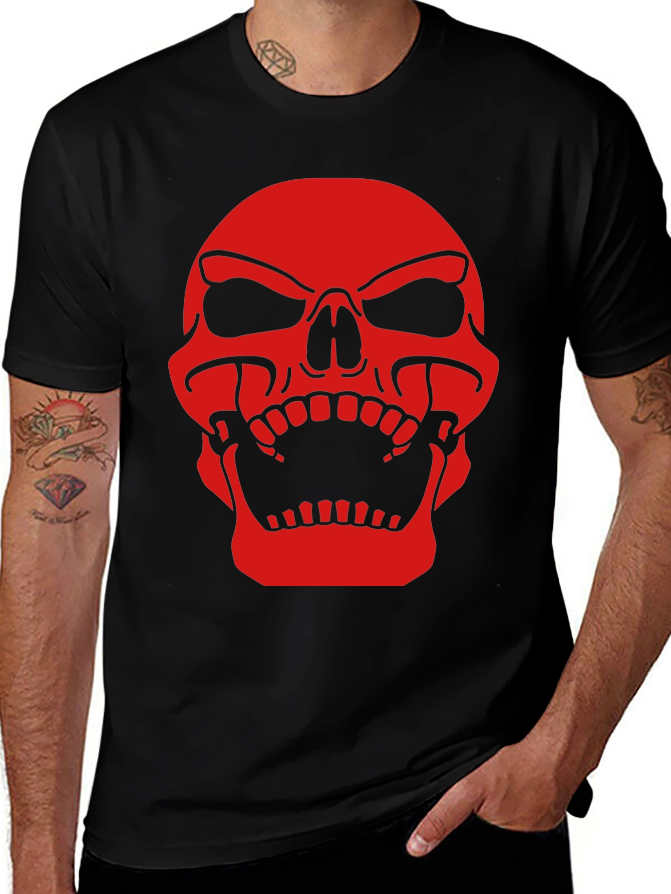 Mens Black T-Shirt with Red Skull Graphic Print