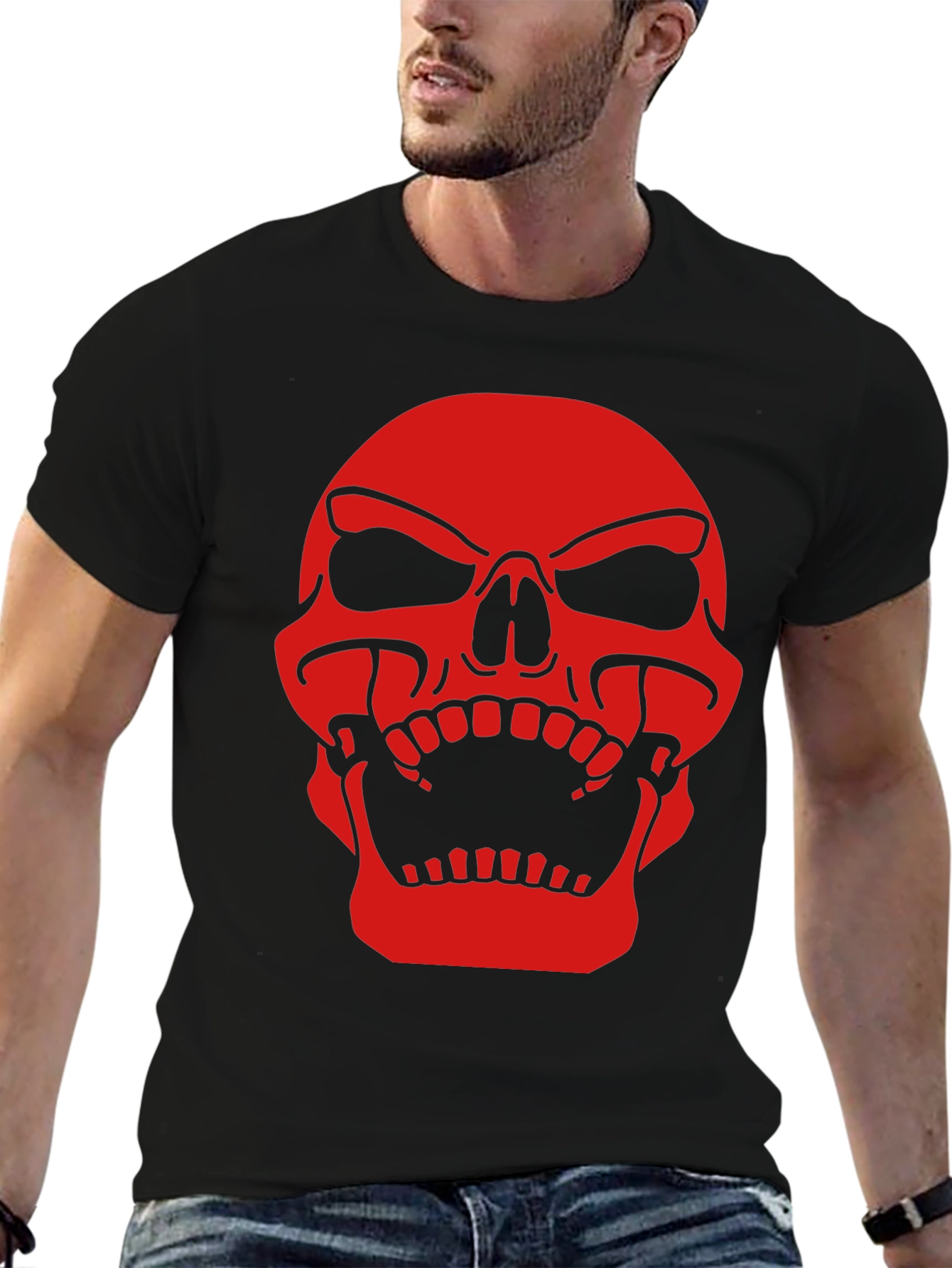 Mens Black T-Shirt with Red Skull Graphic Print