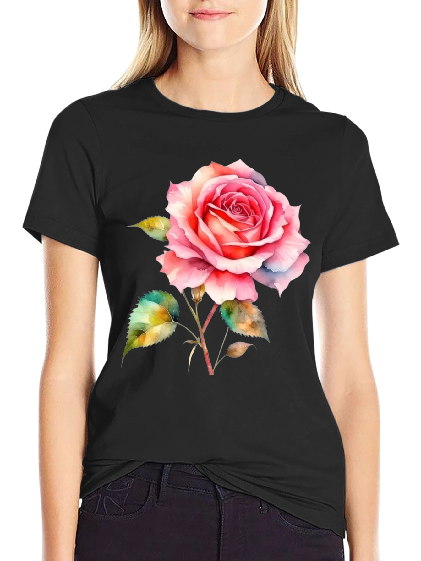 Elegant Rose Graphic Tee - Classic Black T-Shirt