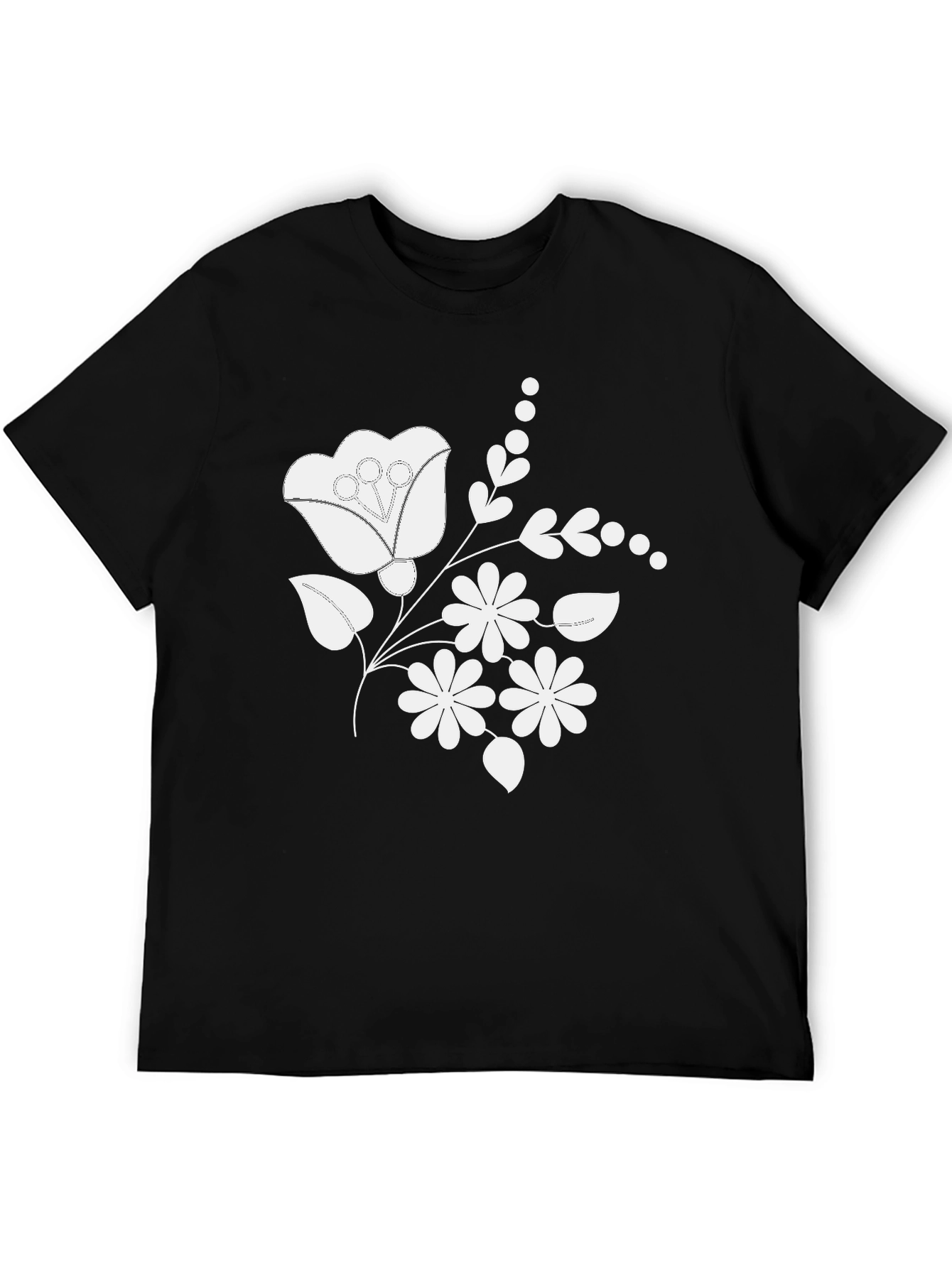 Floral Embroidered Mens T-Shirt - Classic Black Tee