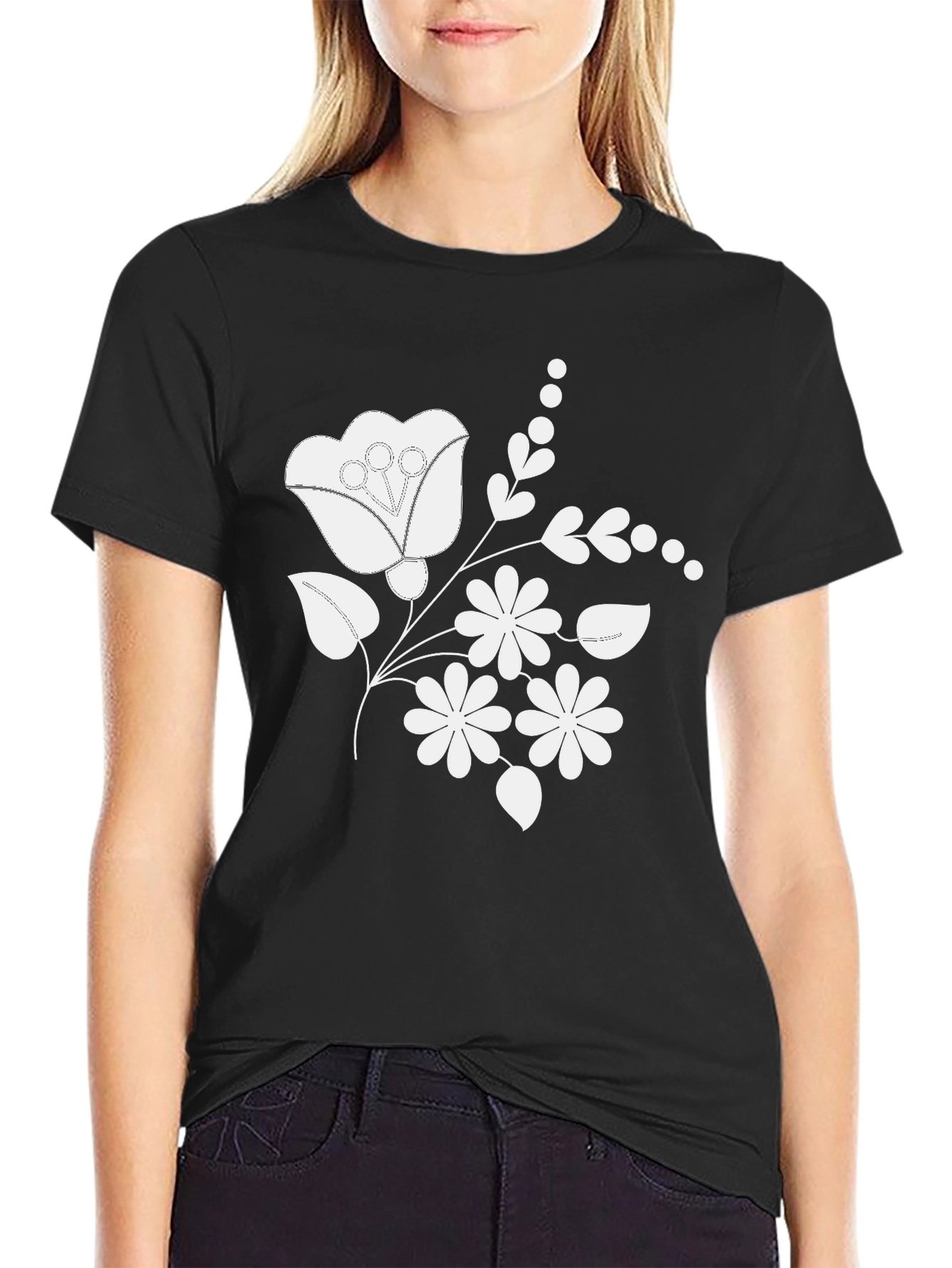 Floral Embroidered Mens T-Shirt - Classic Black Tee