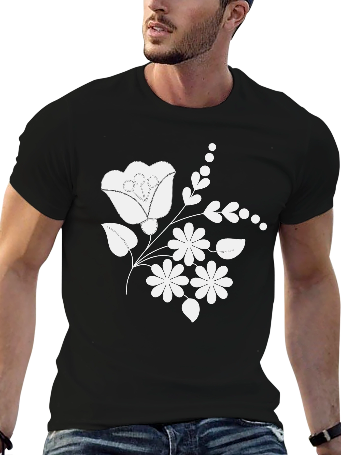 Floral Embroidered Mens T-Shirt - Classic Black Tee