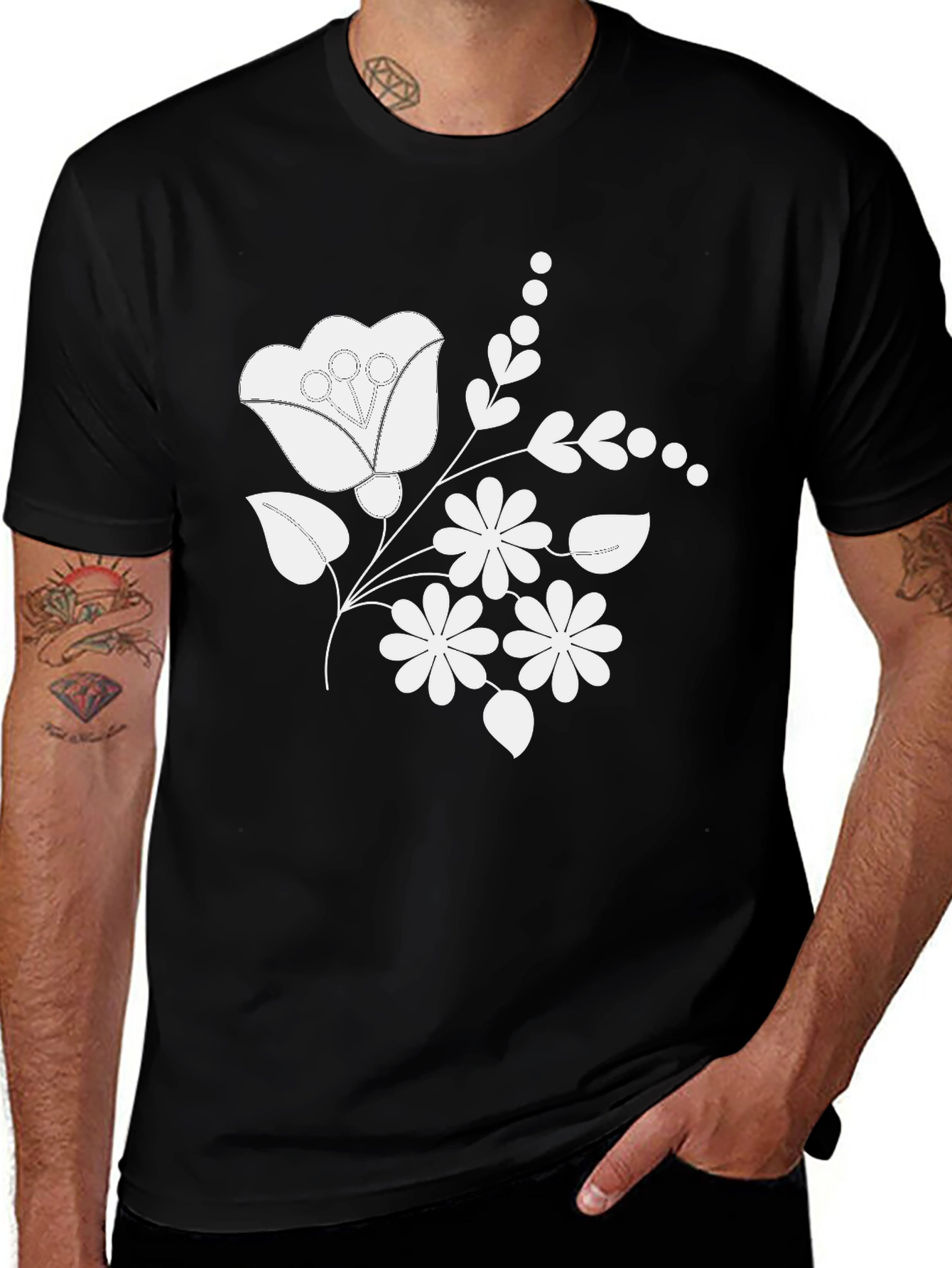 Floral Embroidered Mens T-Shirt - Classic Black Tee