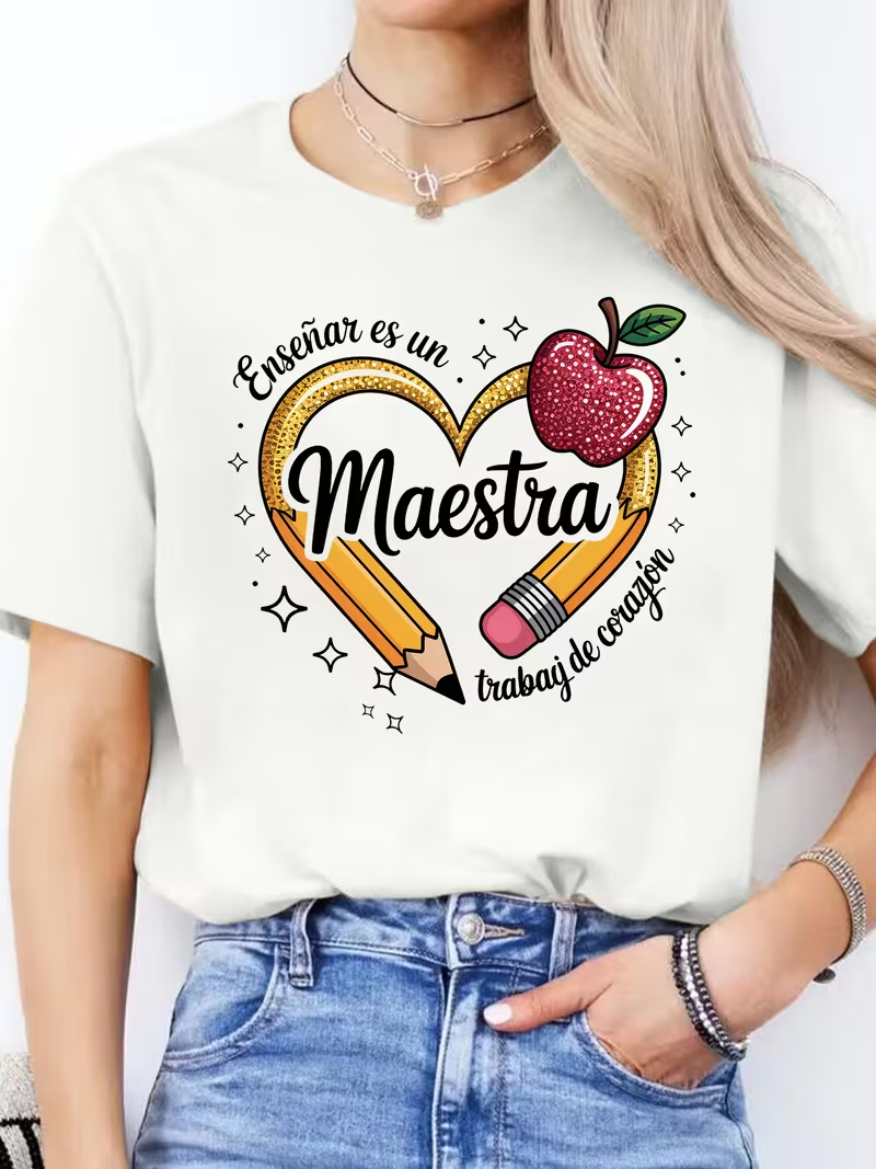 Women's Teacher T-Shirt, 1 pcs Heart Pencil & Apple Graphic Print T-Shirt 190g 100% Pure Cotton T-Shirt