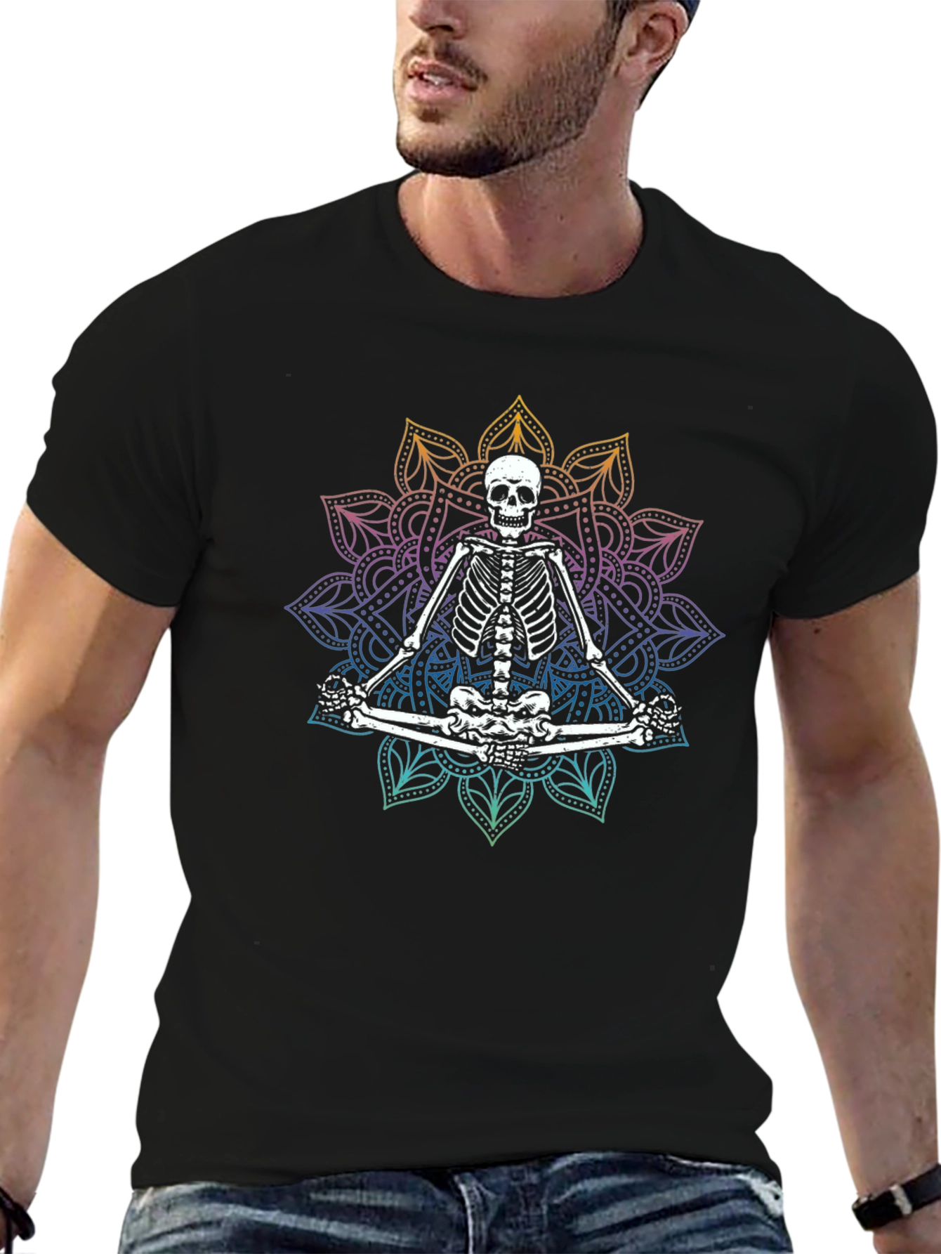 Meditating Skeleton Mandala T-Shirt - Gothic Yoga Tee