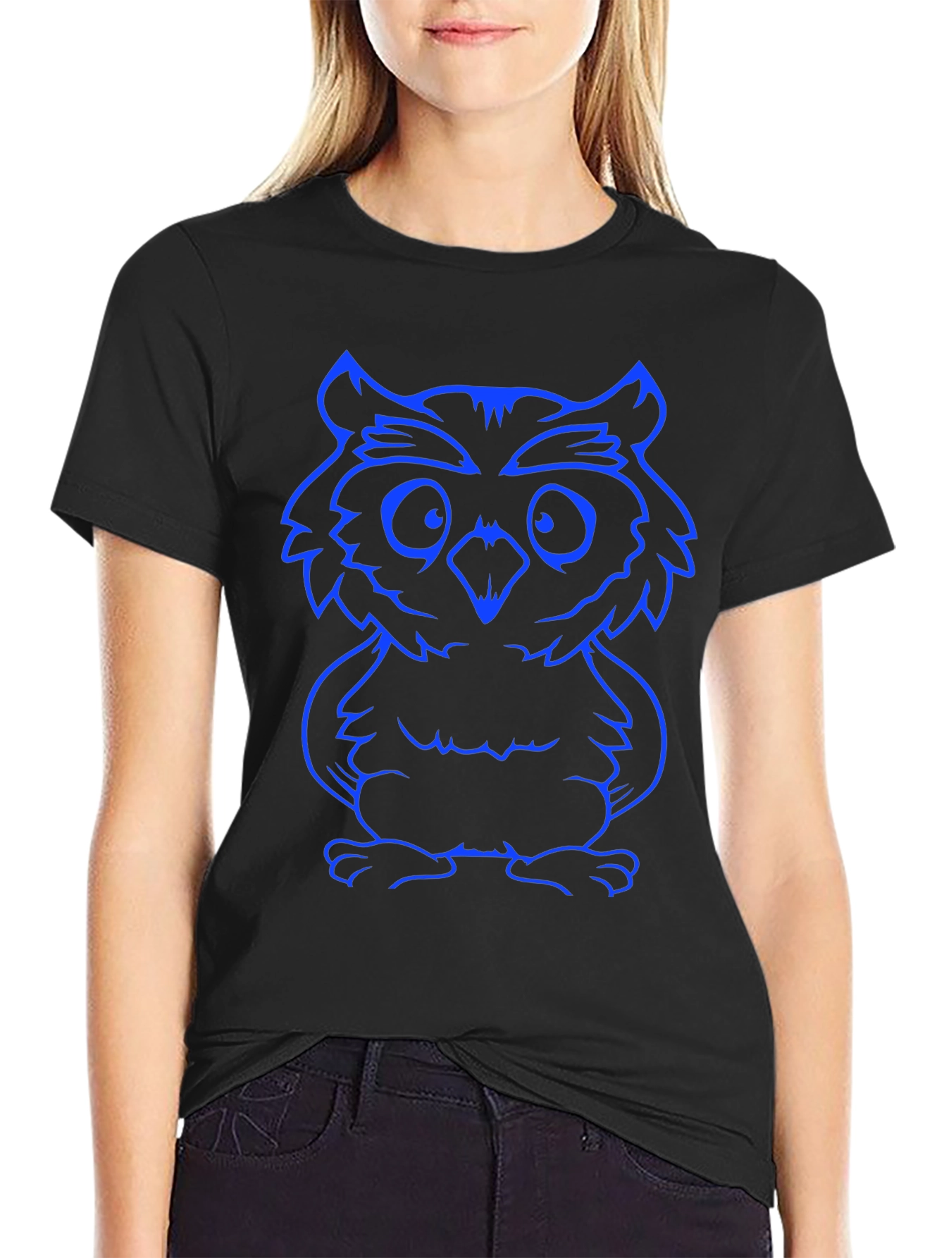 Owl Graphic Tee - Blue Print Black Cotton