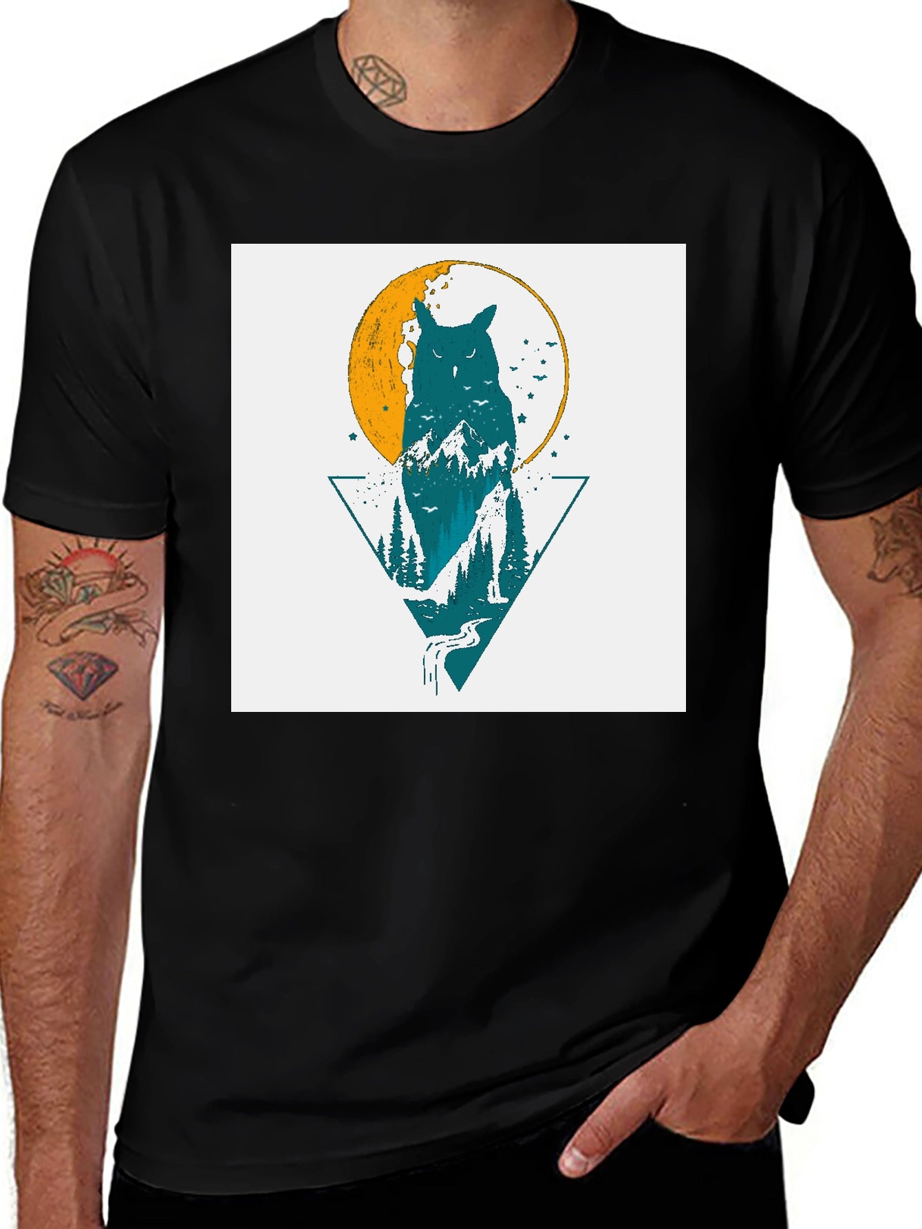 Owl & Nature Graphic Print Black Tee