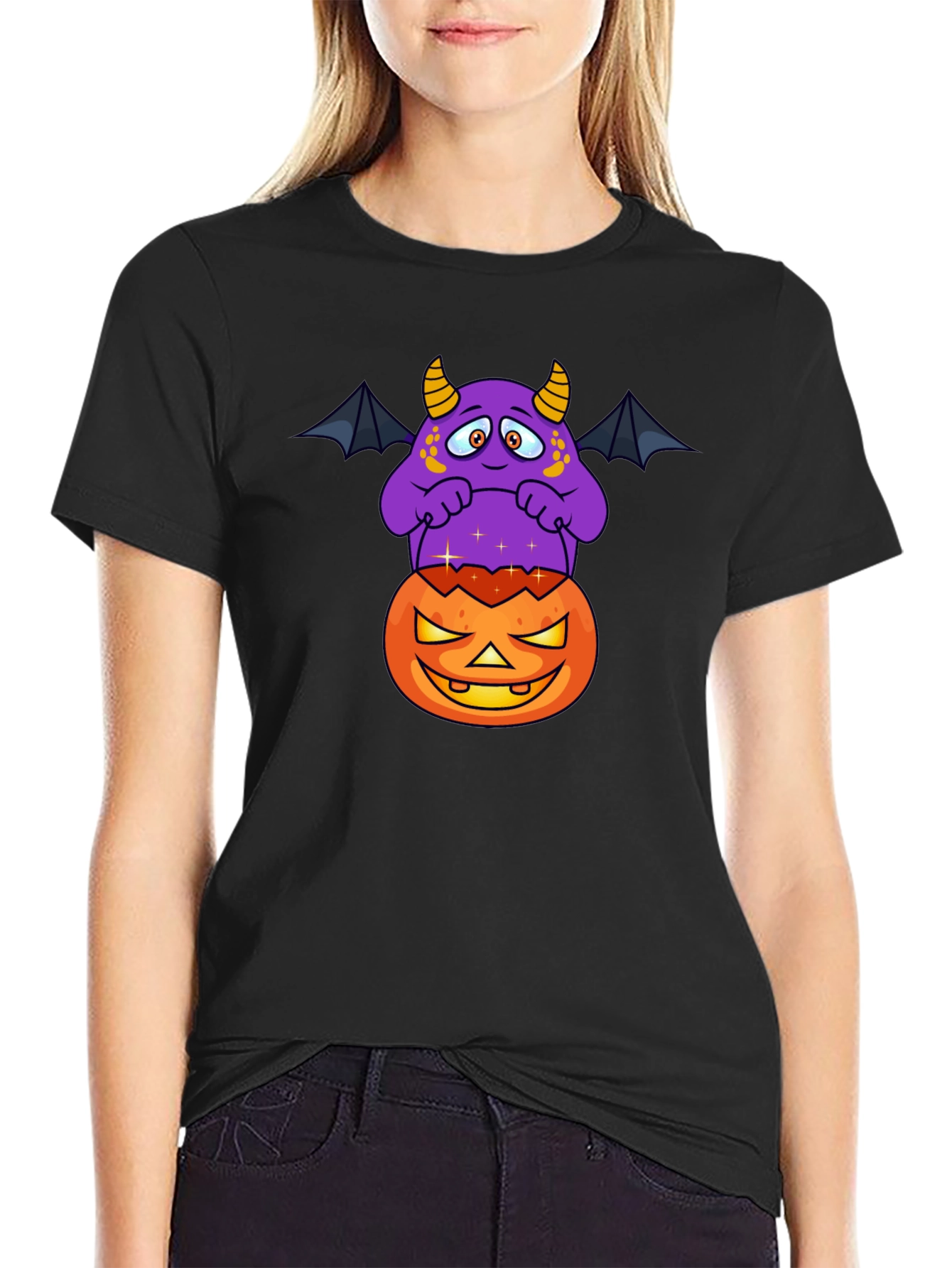 Halloween Monster on Pumpkin Graphic T-Shirt