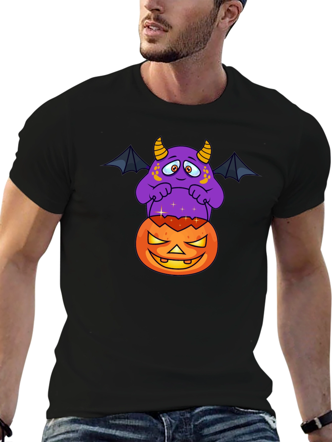 Halloween Monster on Pumpkin Graphic T-Shirt