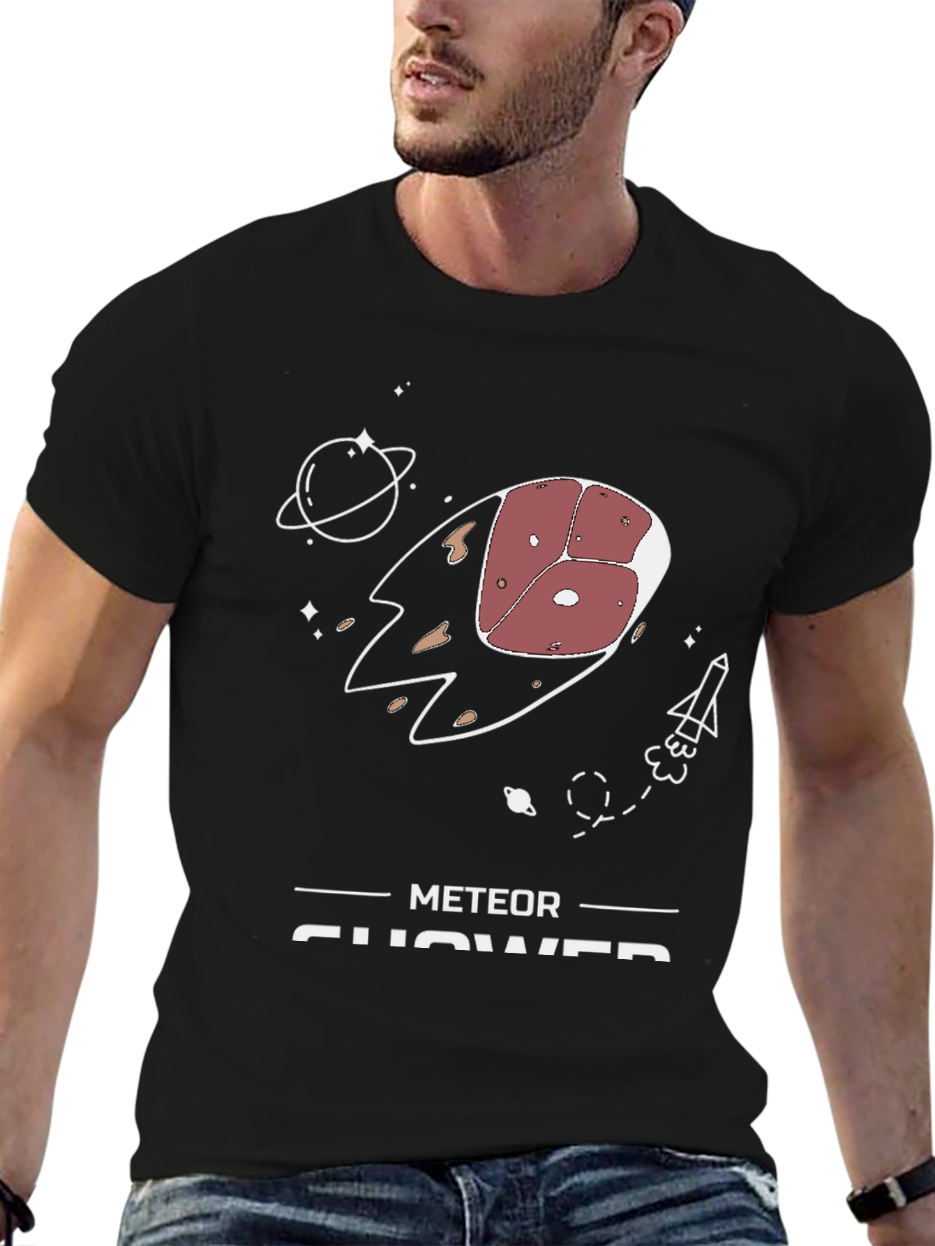 Meat-eor Shower T-Shirt - Funny Space Pun
