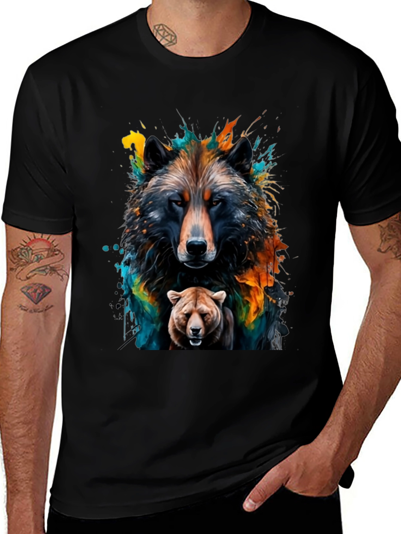 Wolf and Bear Graphic Black Tee
