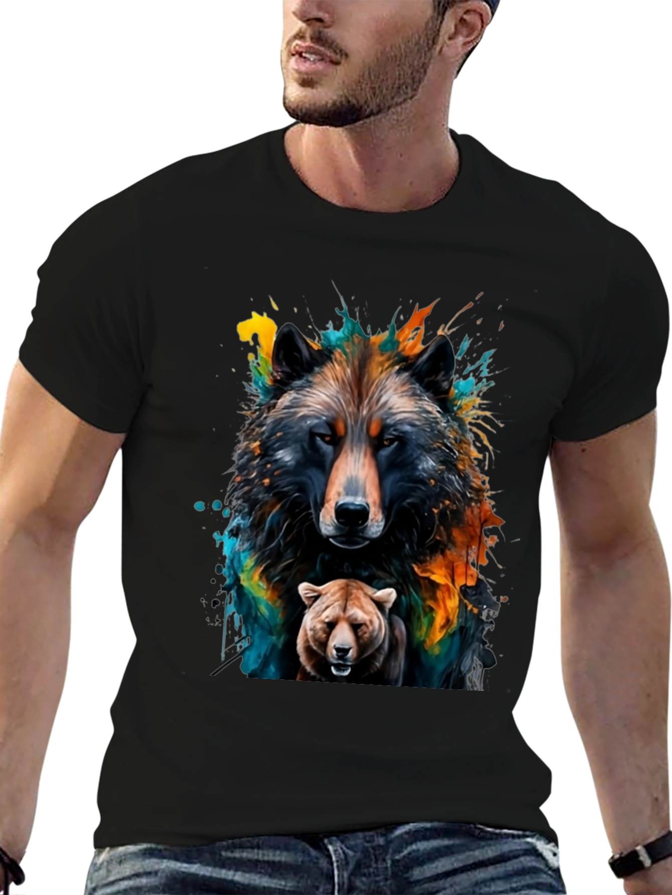Wolf and Bear Graphic Black Tee