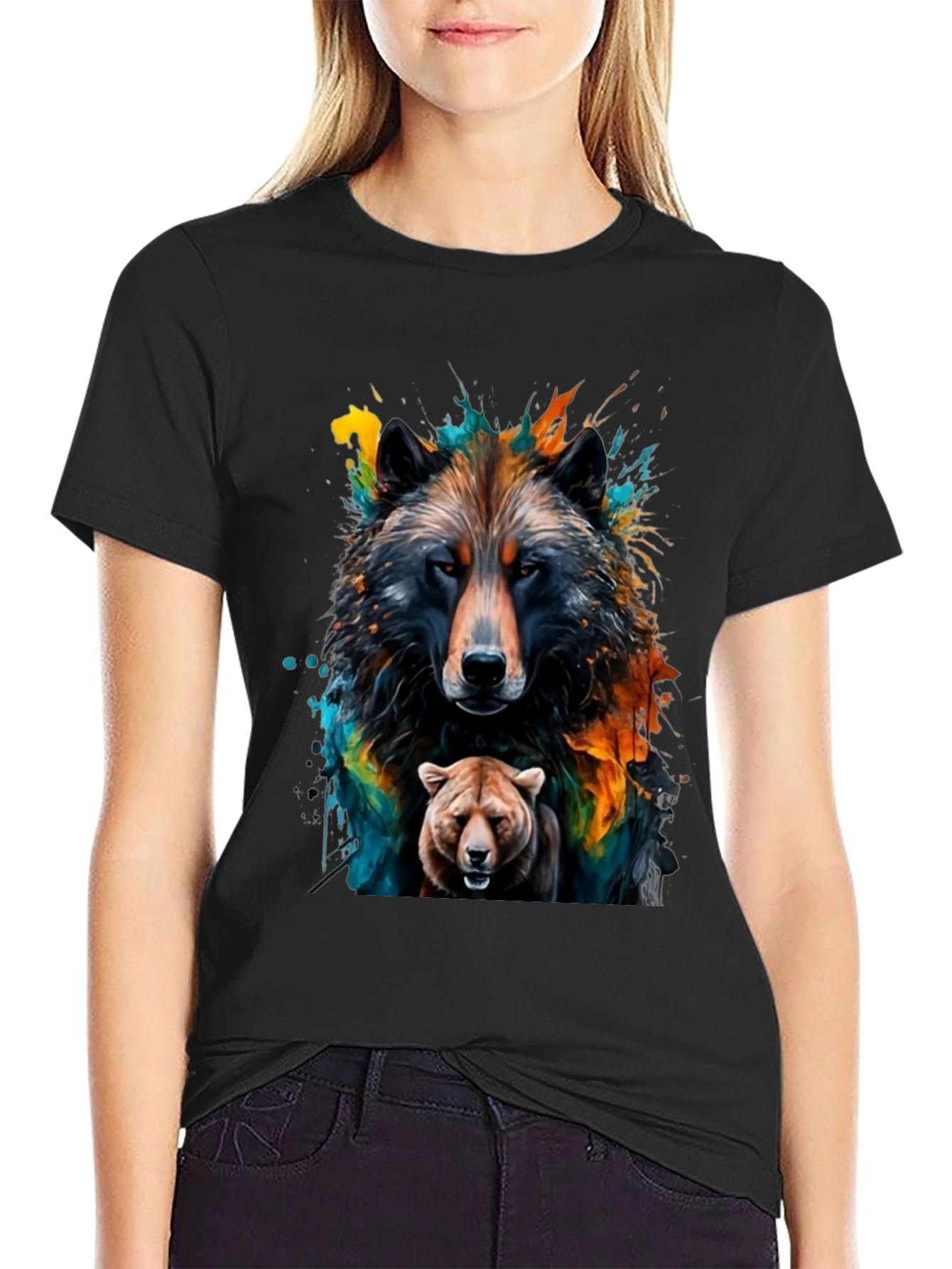 Wolf and Bear Graphic Black Tee