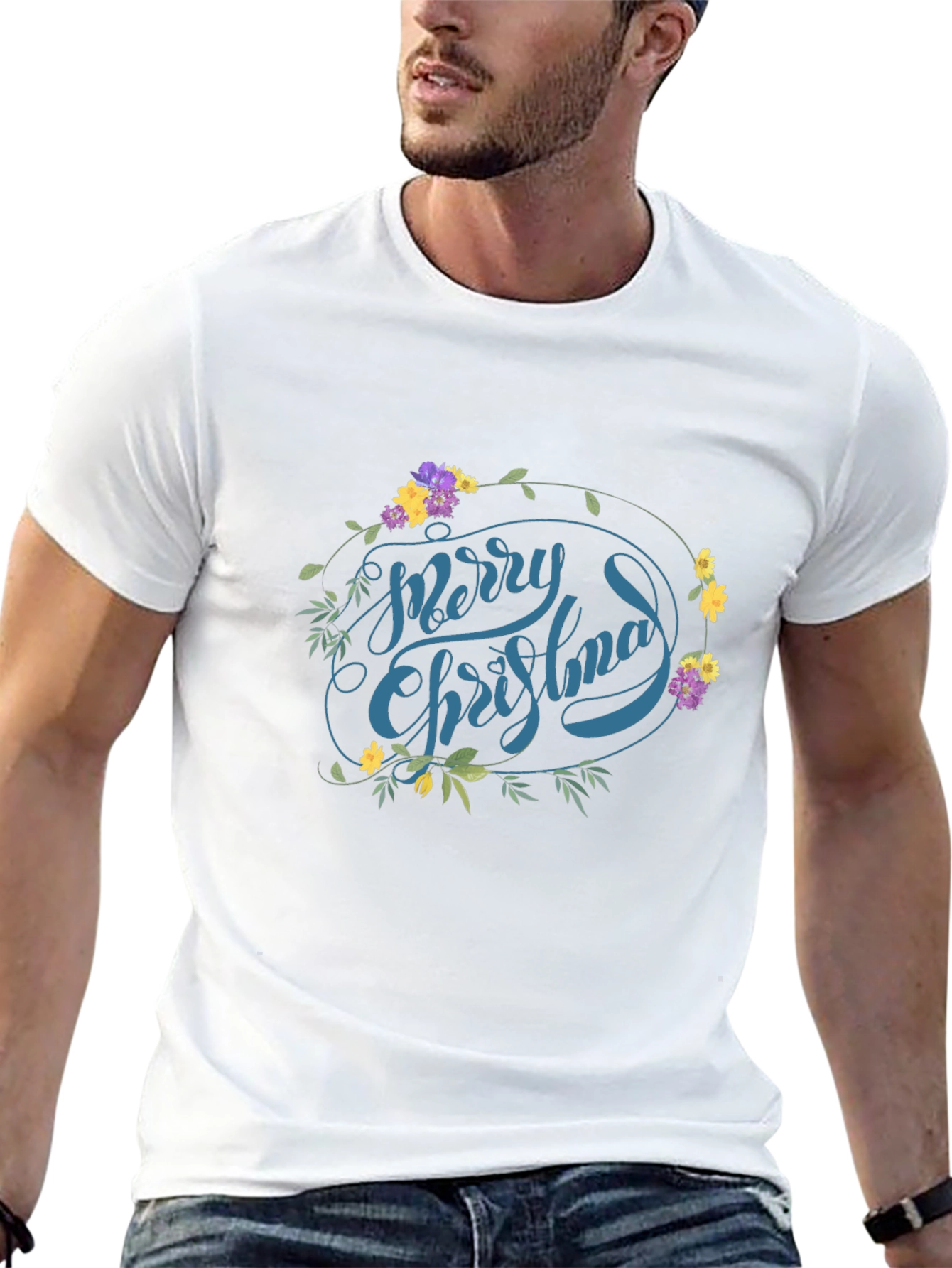 Festive Floral Merry Christmas Graphic Tee