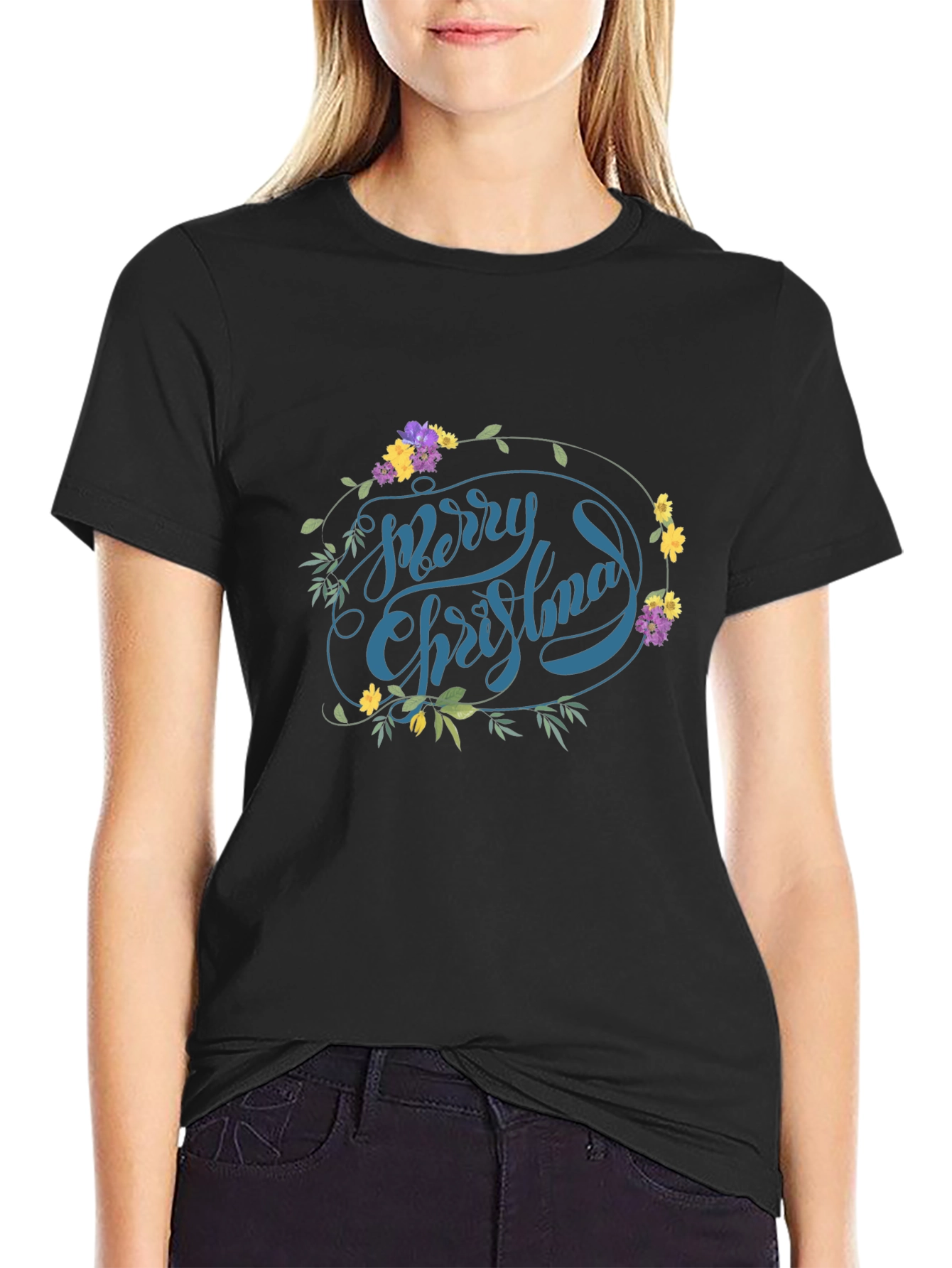 Festive Floral Merry Christmas Graphic Tee