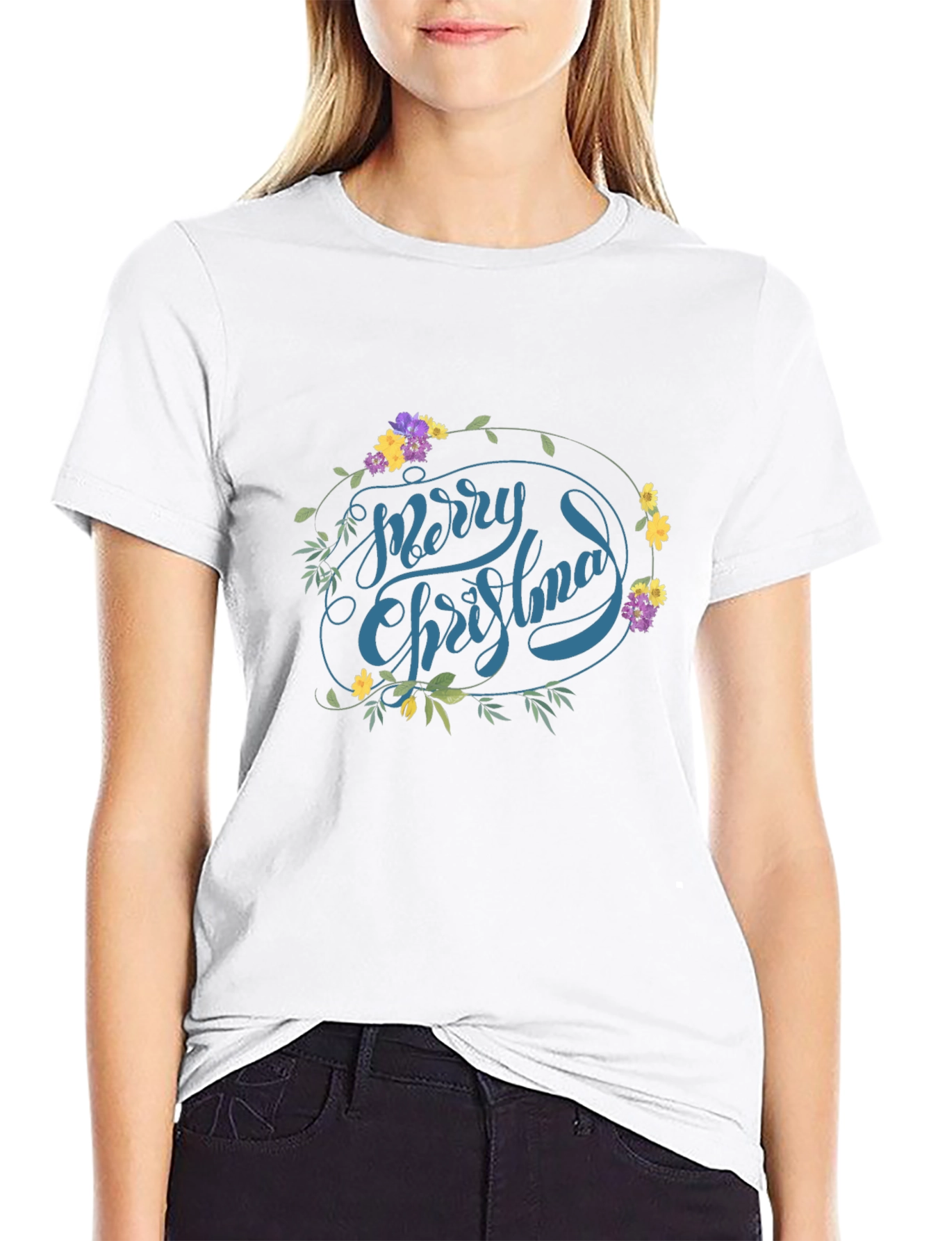 Festive Floral Merry Christmas Graphic Tee