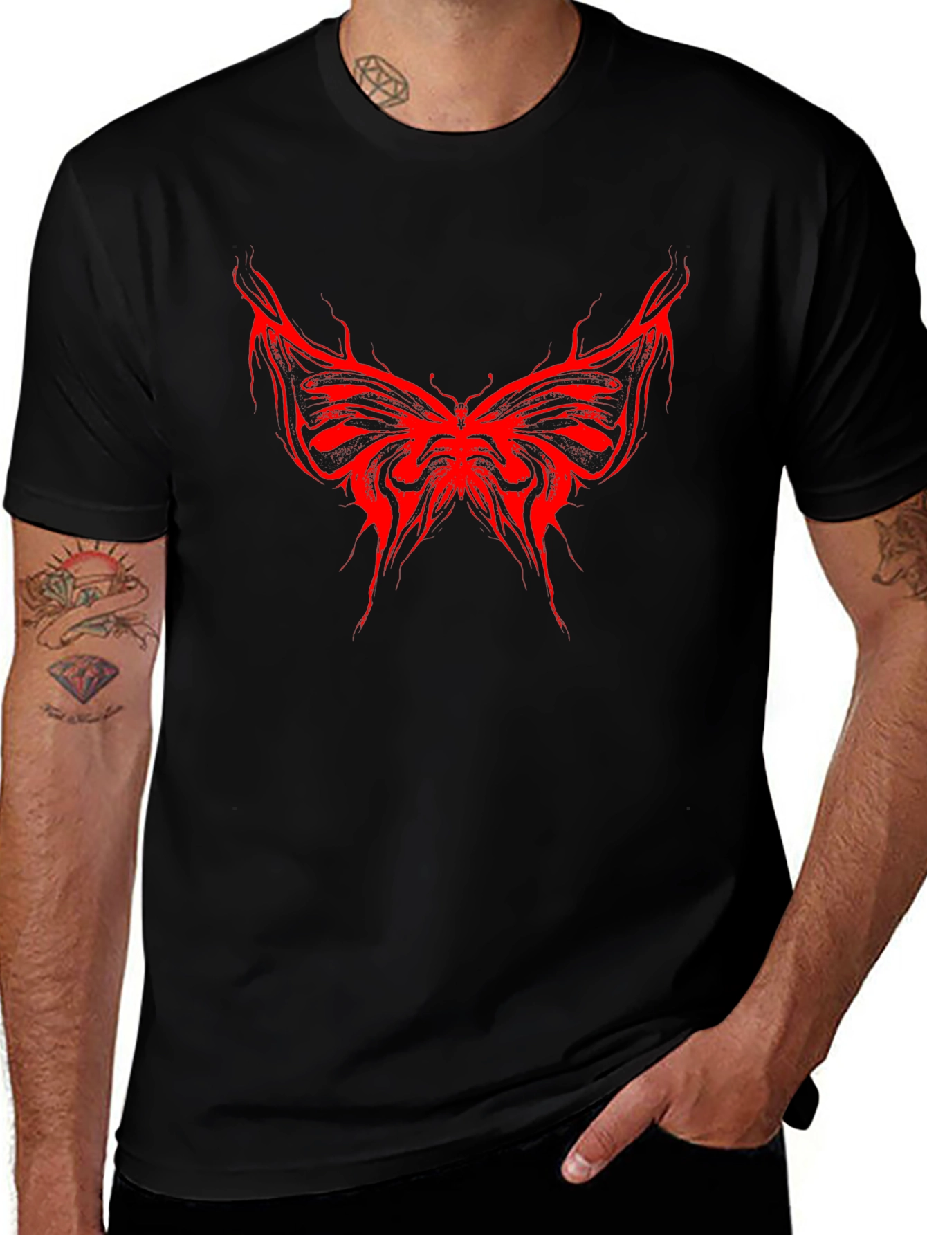 Edgy Red Butterfly Graphic Black T-Shirt