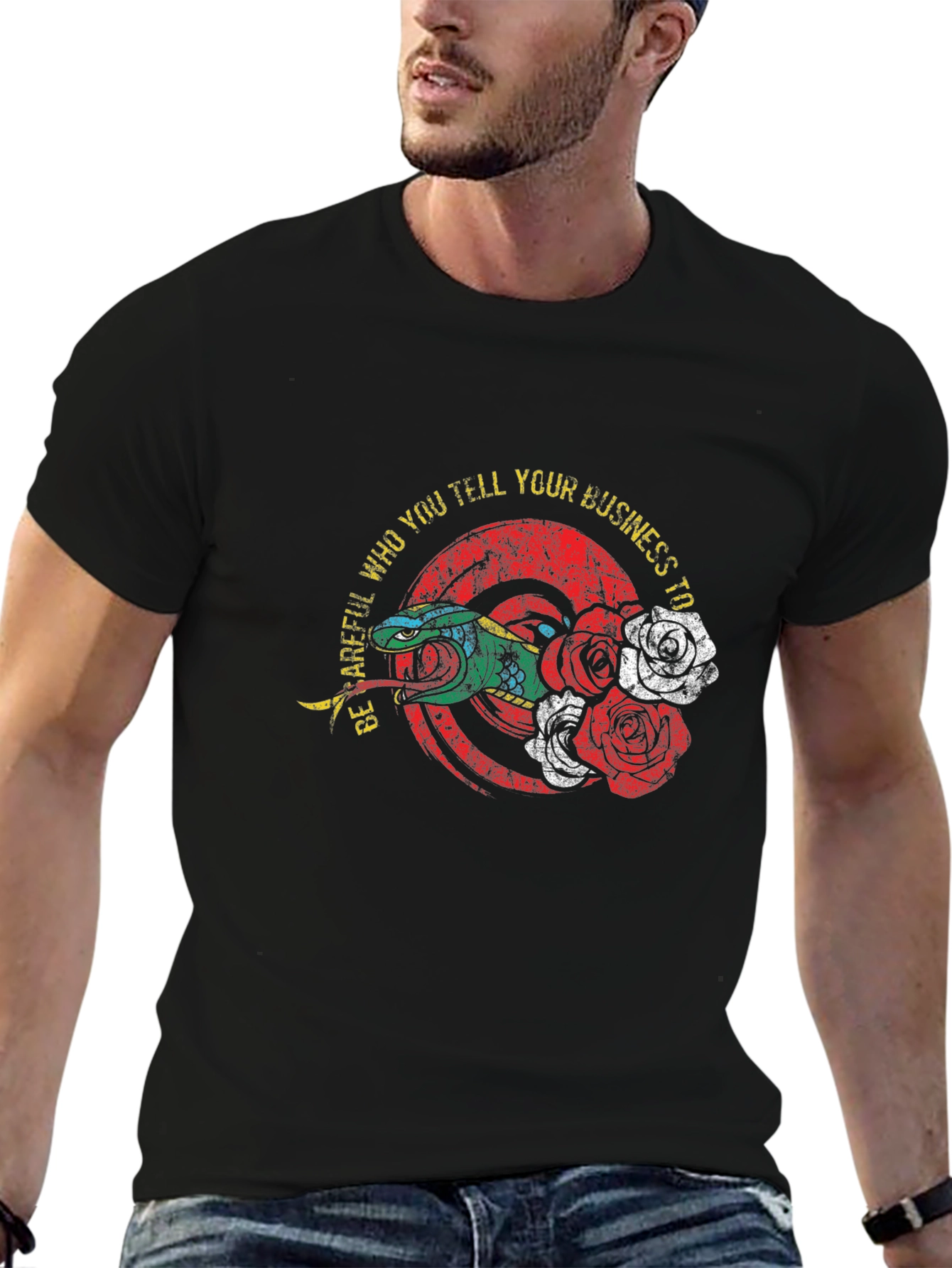 Be Careful Graphic Tee - Snake and Roses