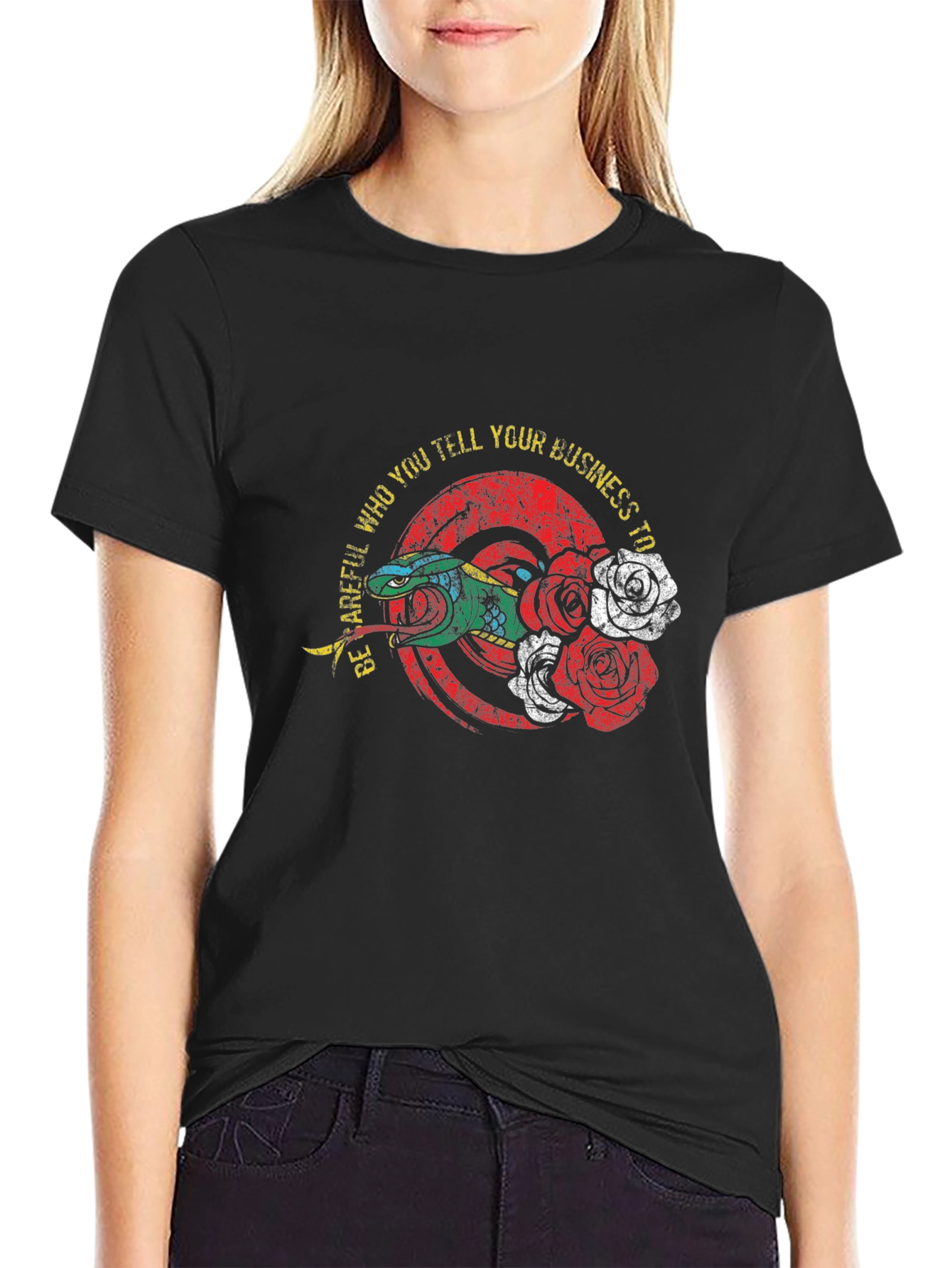 Be Careful Graphic Tee - Snake and Roses