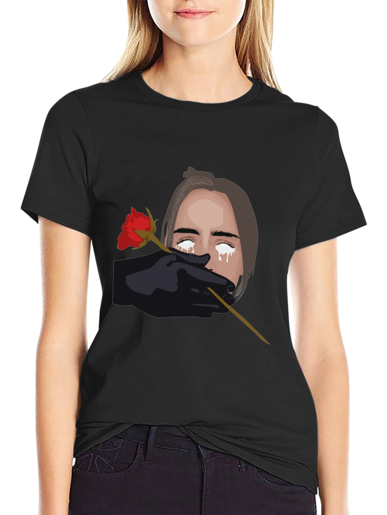 Tearful Rose Graphic Black T-Shirt