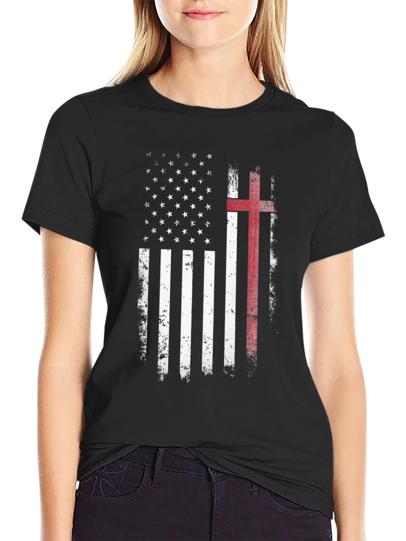American Flag Christian Cross Graphic T-Shirt