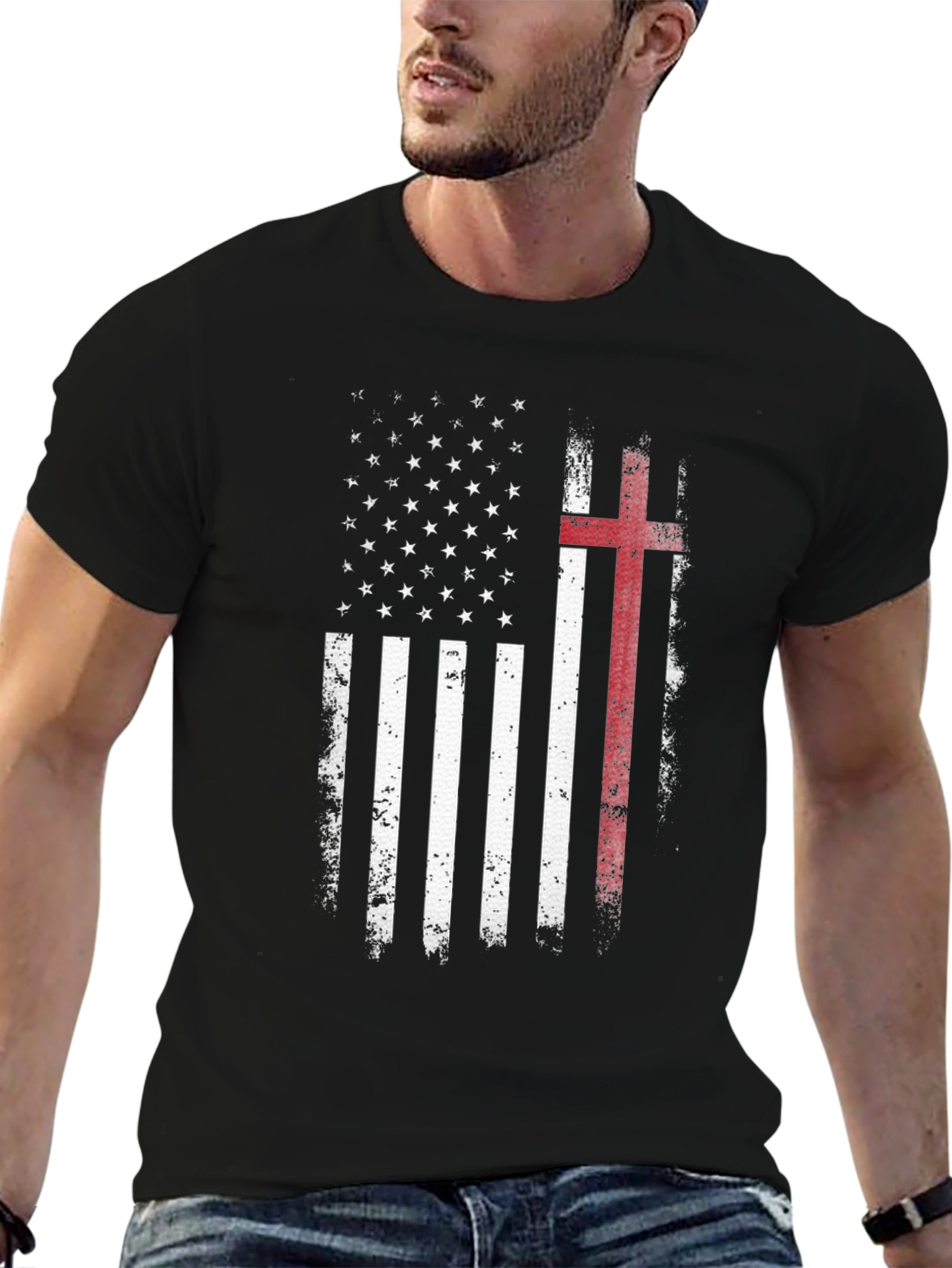 American Flag Christian Cross Graphic T-Shirt