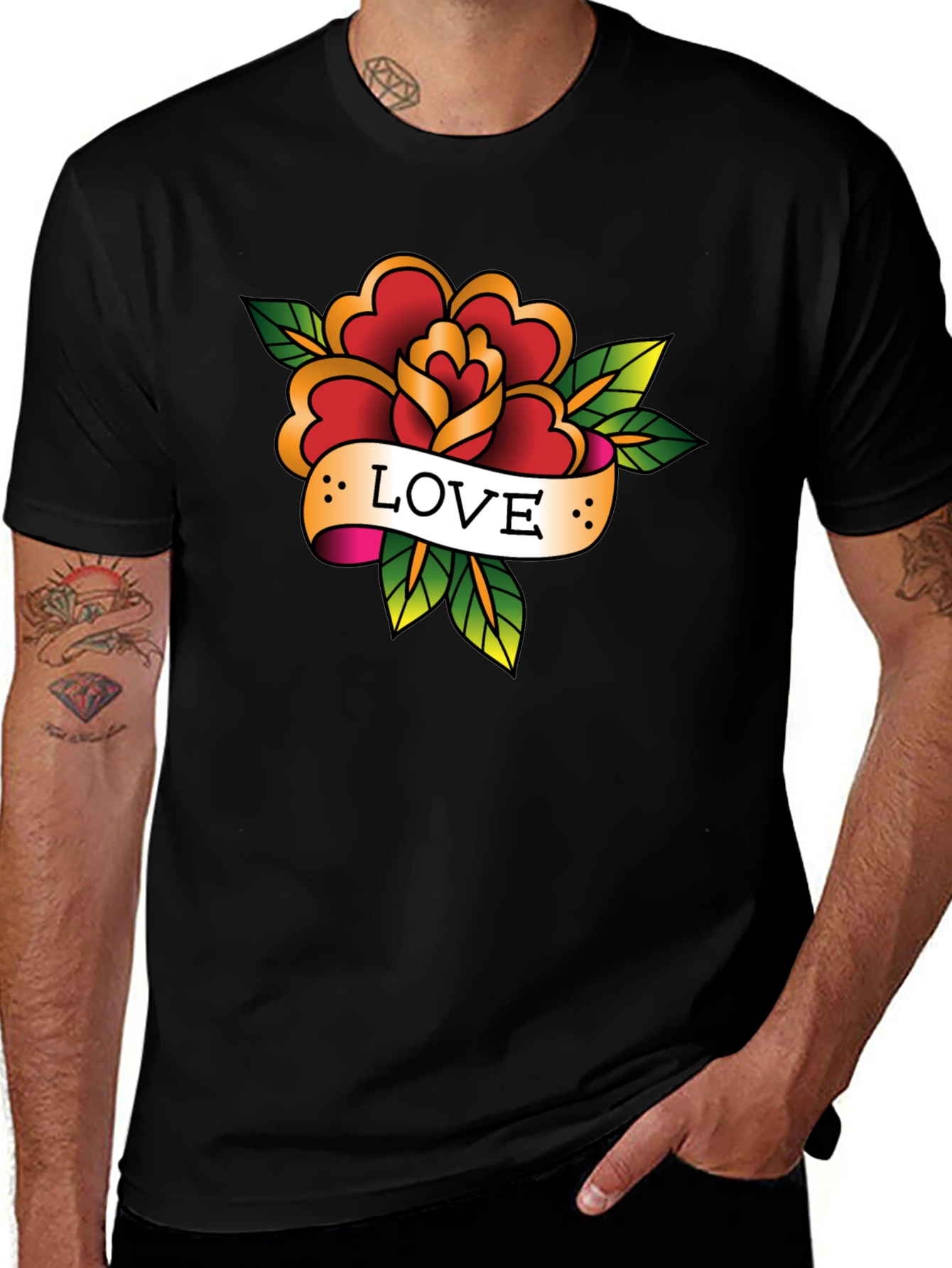 Love Rose Tattoo Style Black Graphic Tee