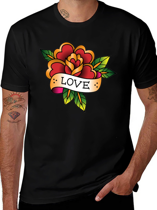 Love Rose Tattoo Style Black Graphic Tee